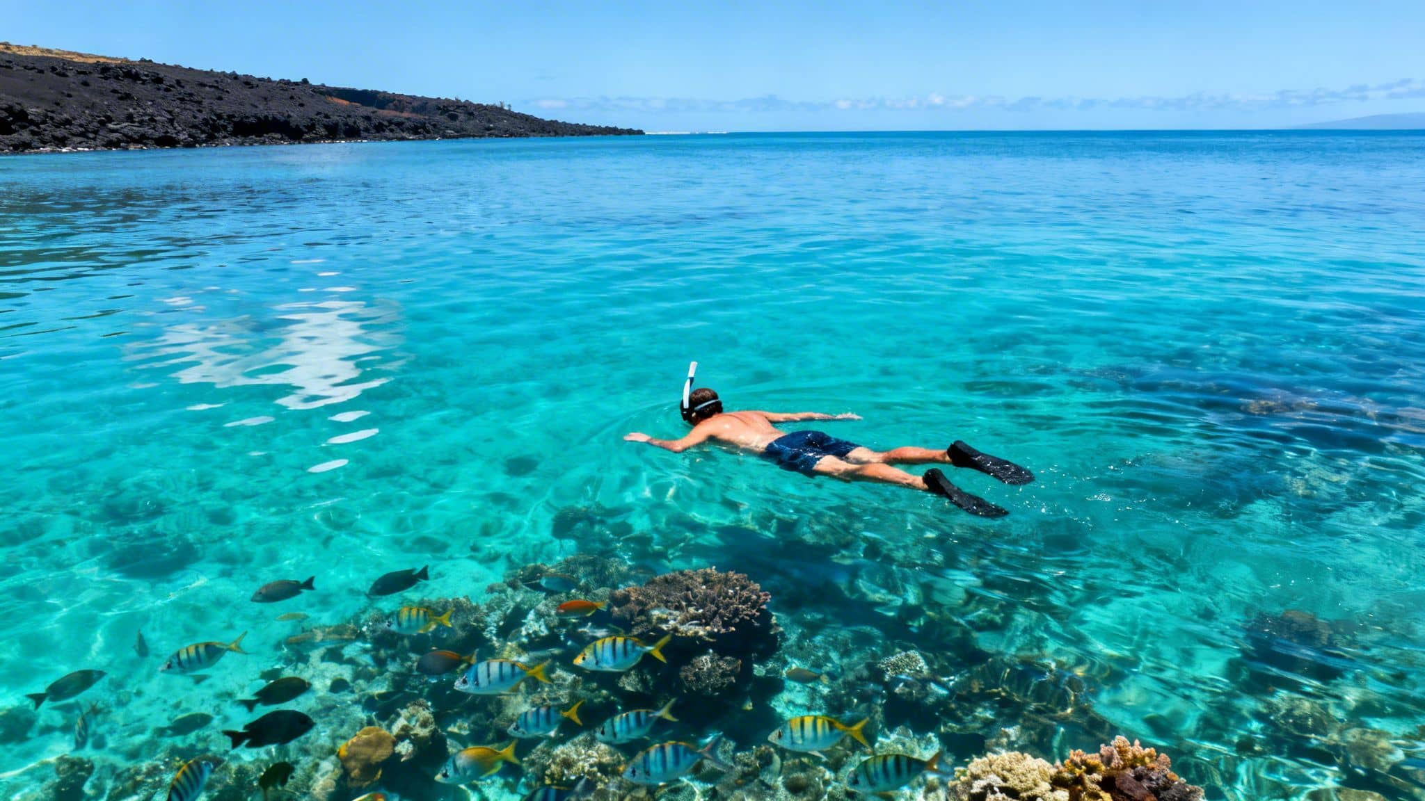 A man snorkeling in clear turquoise water over a colorful coral reef with many tropical fish.