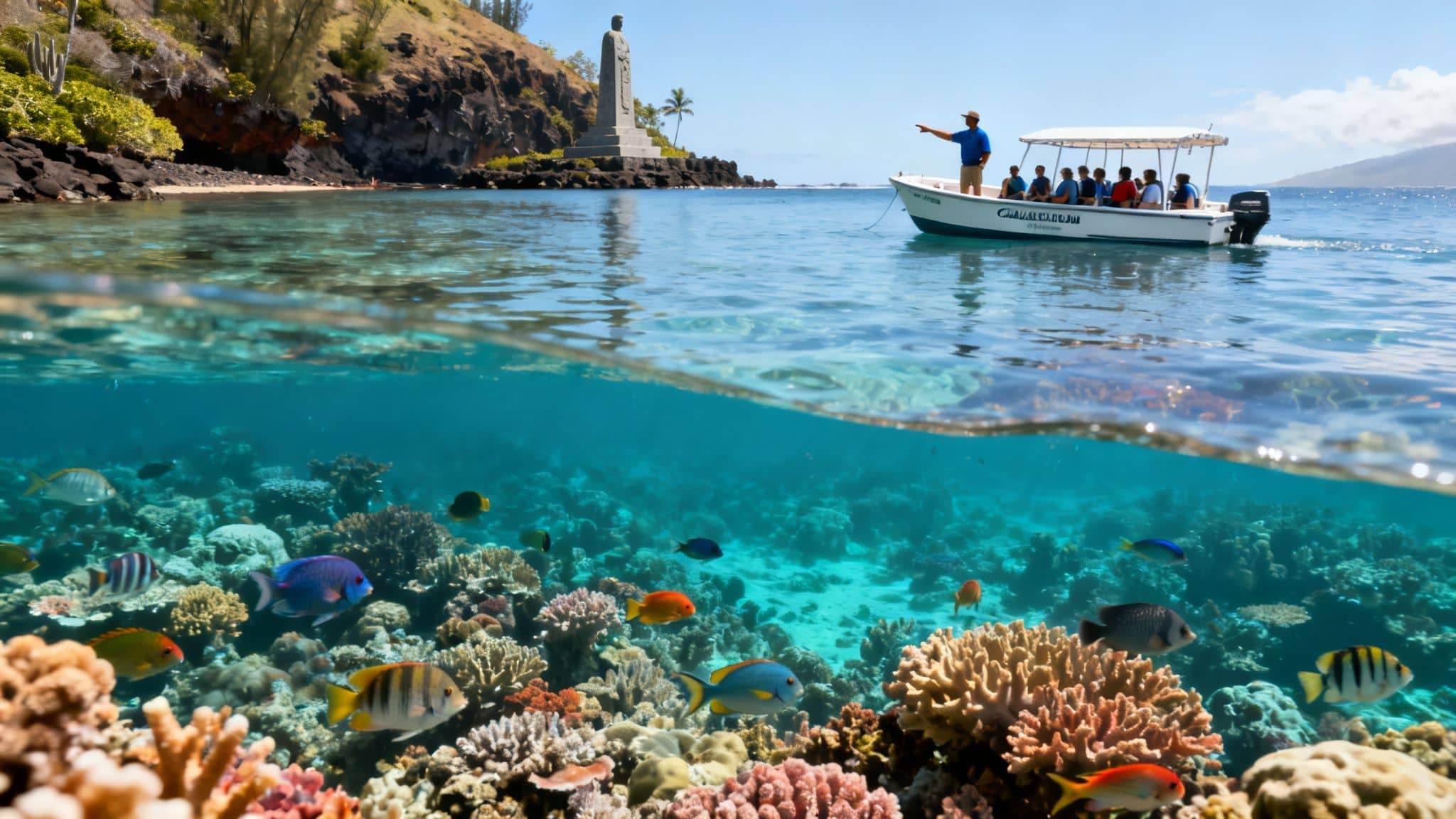 Snorkeling tour boat near a monument on a tropical island with a colorful coral reef and fish underwater.