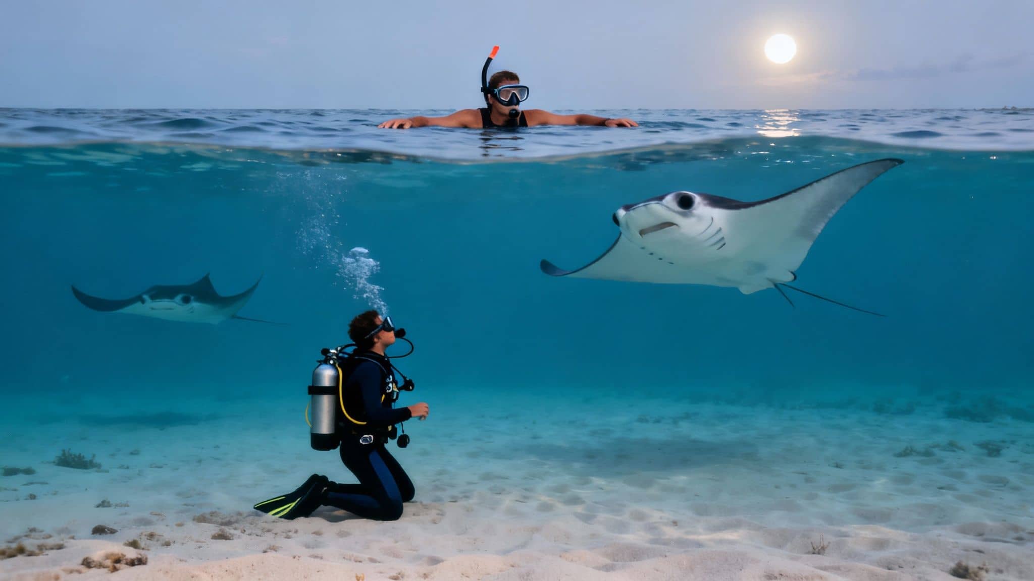 A split image of a snorkeler and moon above, with a scuba diver observing two manta rays below.