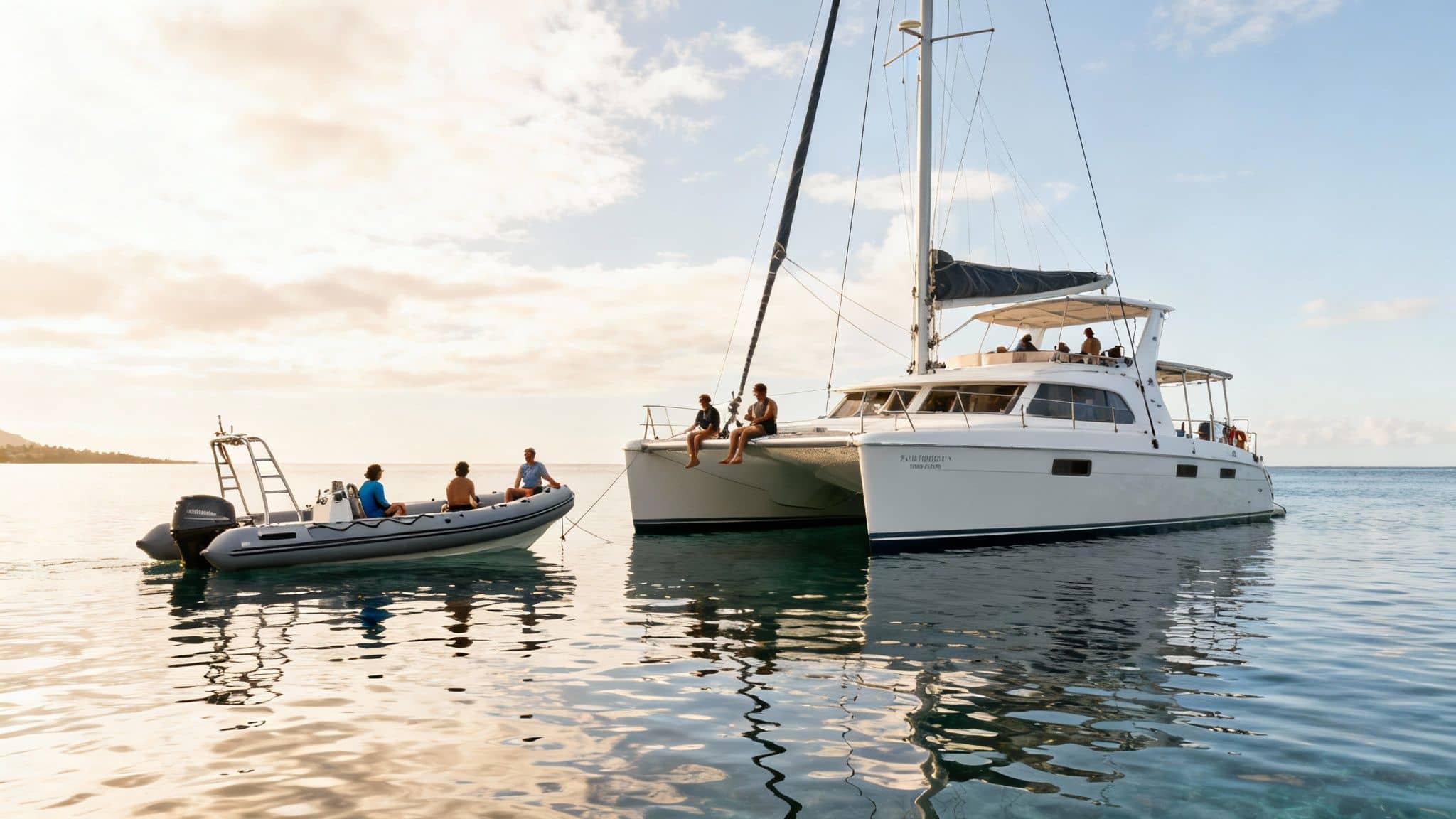 People relaxing on a catamaran and a dinghy in calm tropical waters at sunset.