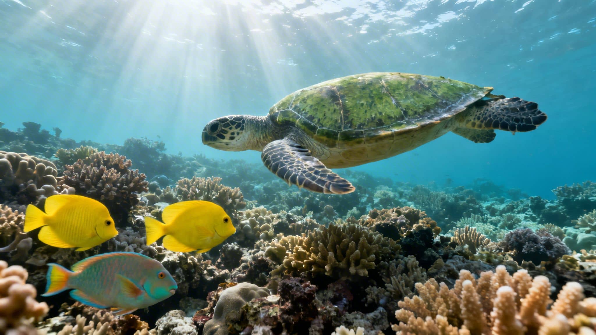 A vibrant underwater scene with a green sea turtle swimming above a colorful coral reef with three fish.