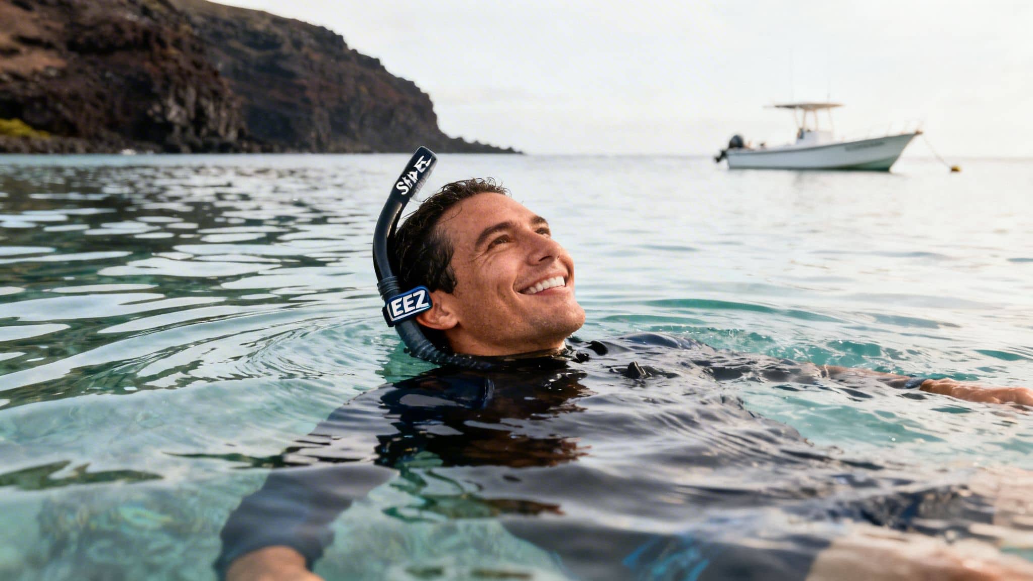 A smiling man wearing a snorkel and wetsuit floats happily in clear ocean water.