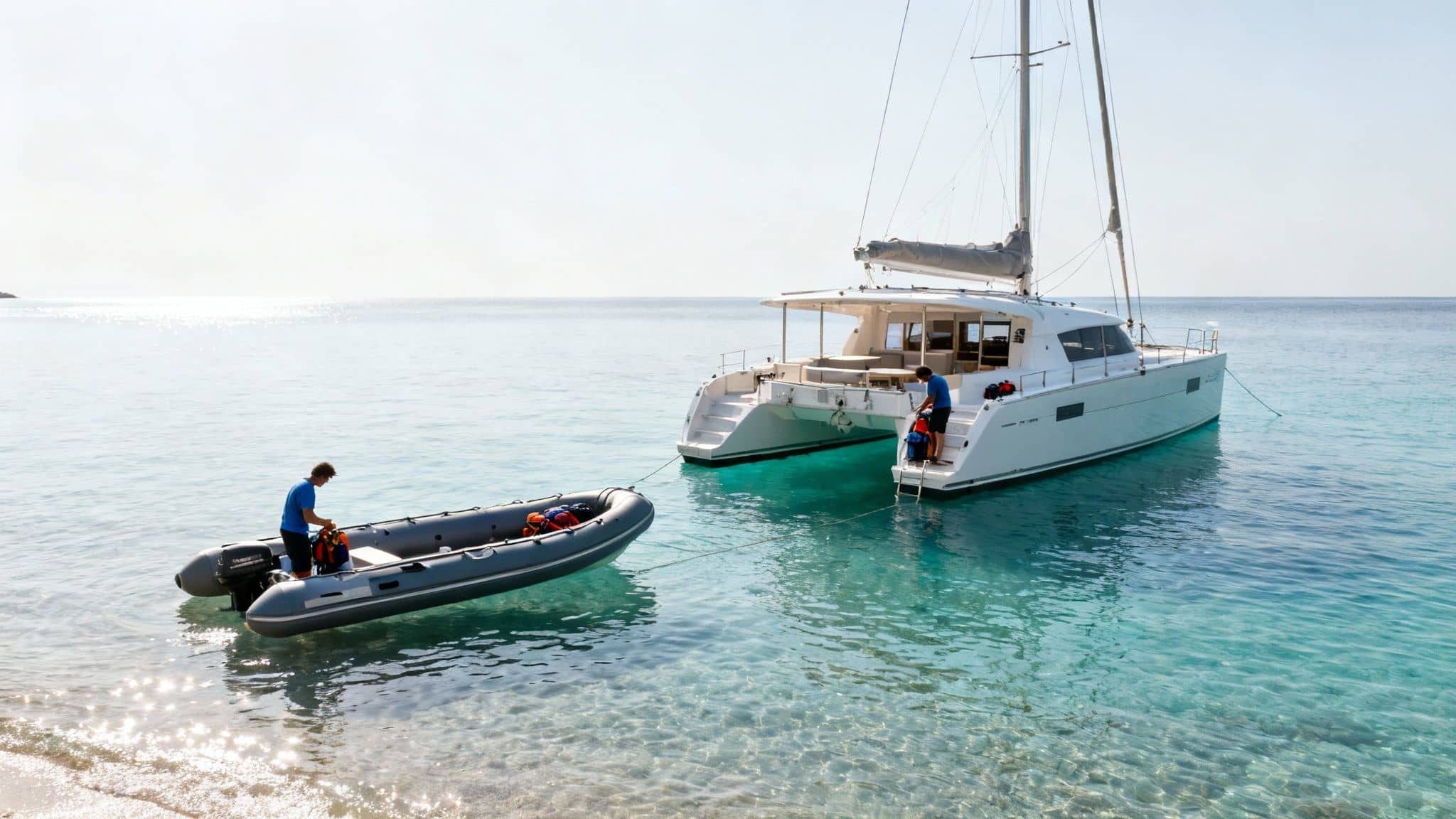 Two men prepare a dinghy and catamaran in clear turquoise water on a bright, sunny day.