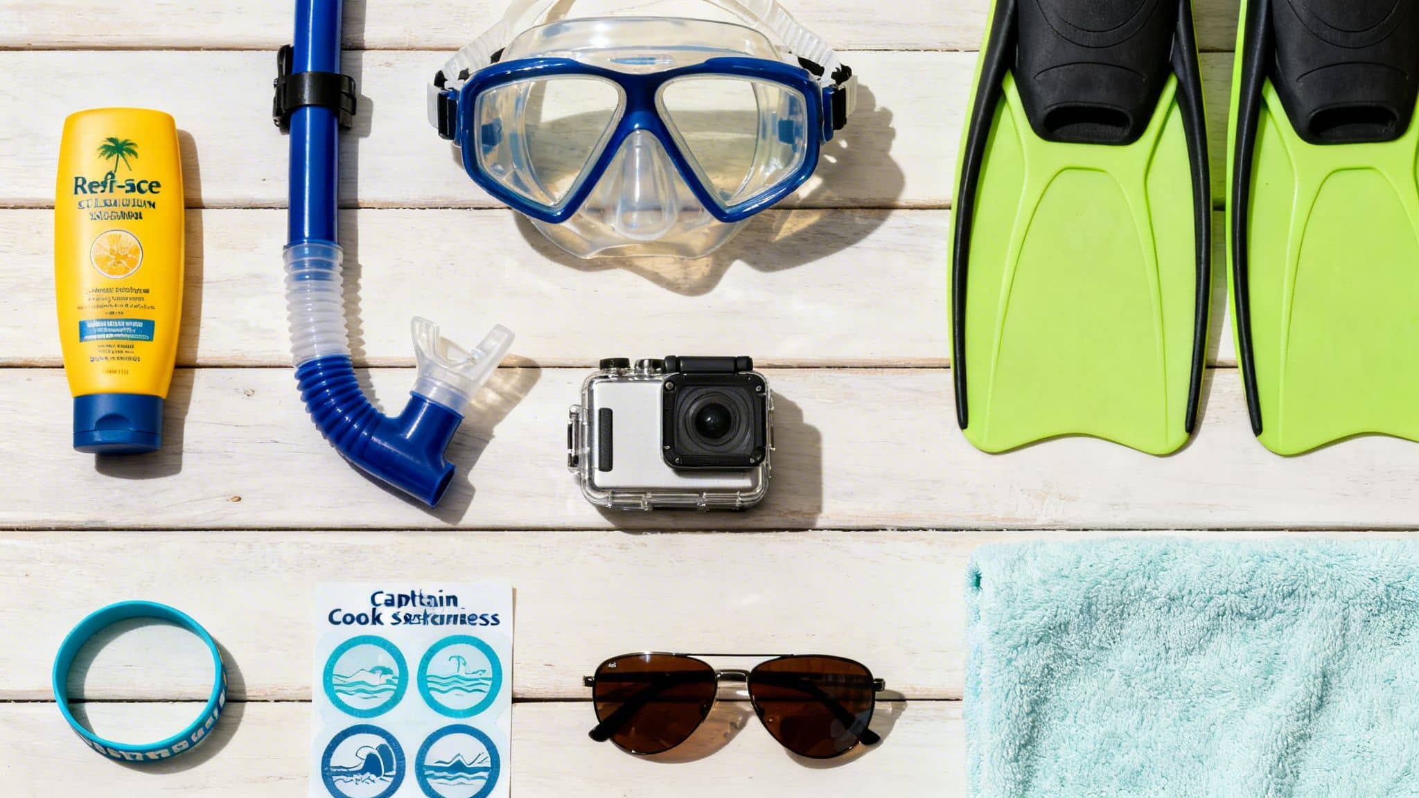 Snorkeling equipment and beach accessories neatly arranged on a white wooden background.