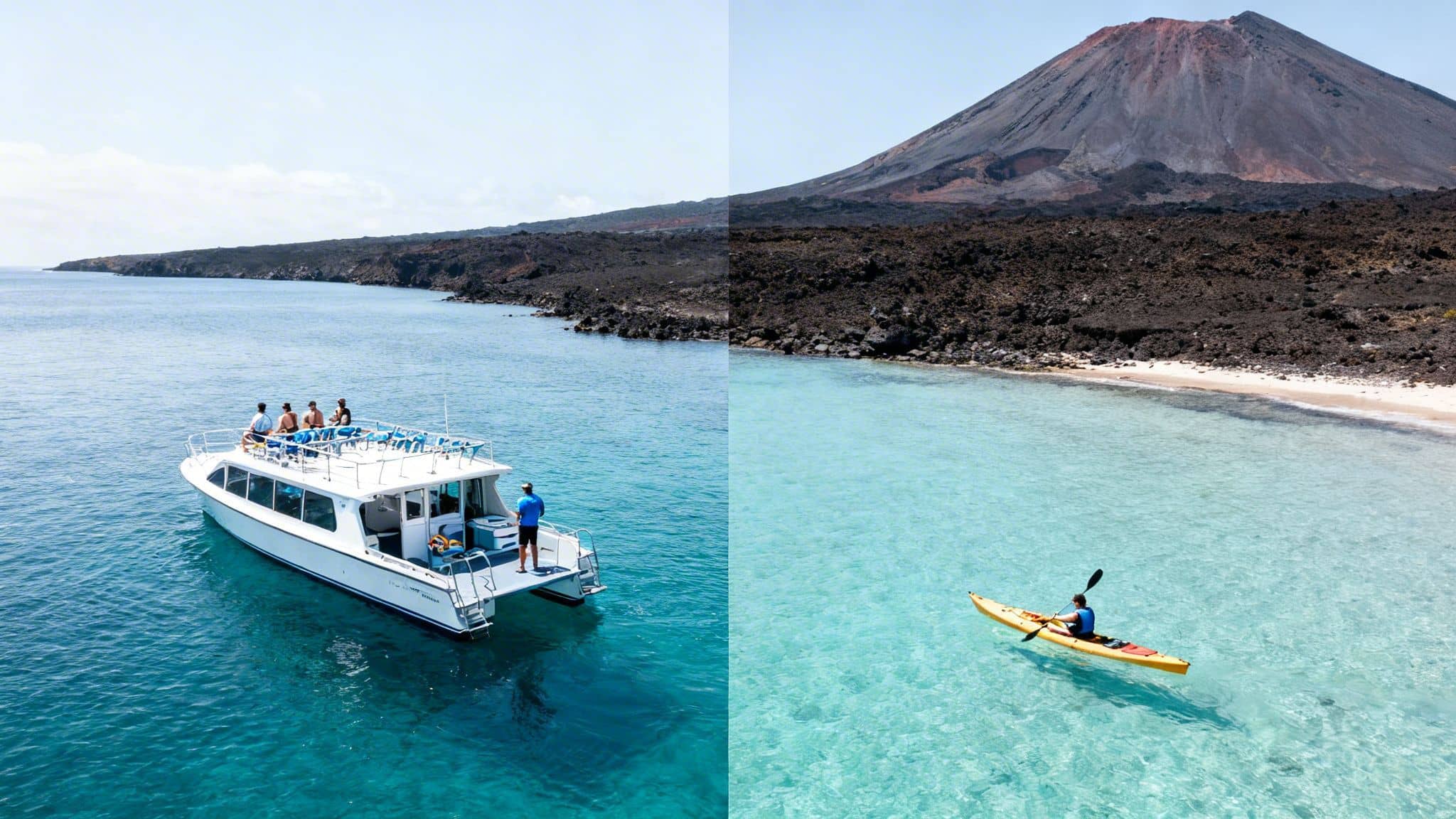 A catamaran boat with people onboard and a kayaker near a volcanic island with a beach.