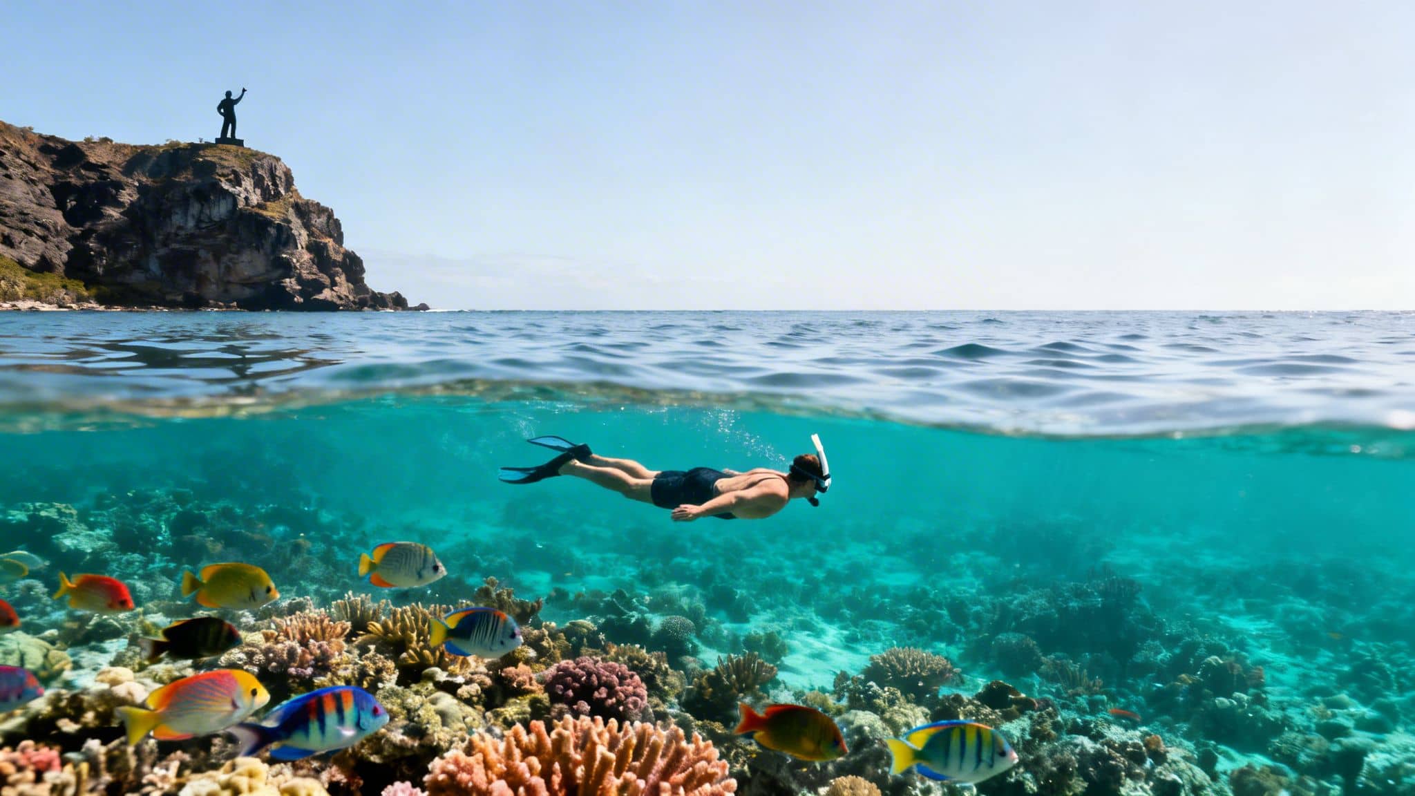 A man snorkeling over vibrant coral reefs with colorful tropical fish, with a split view of the ocean and sky.