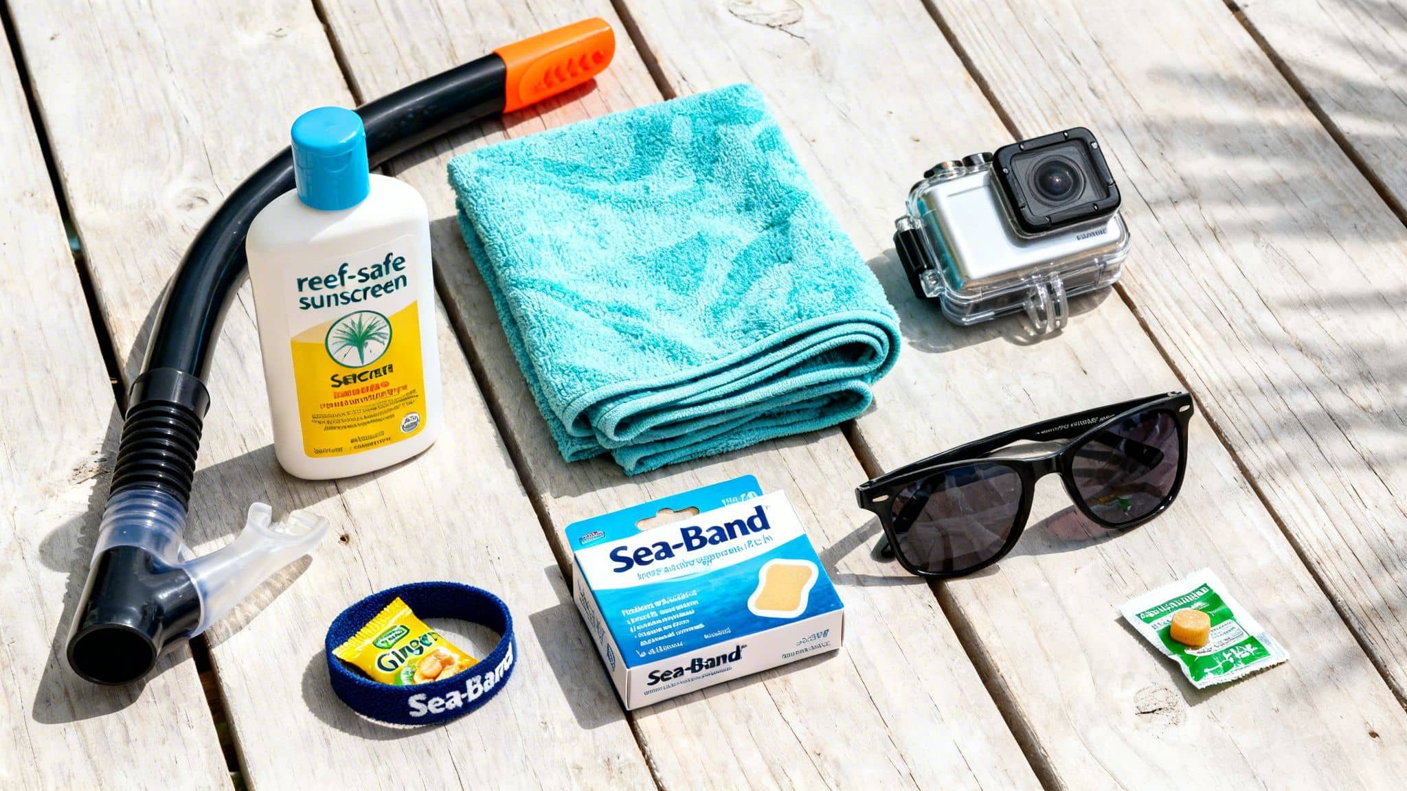 A flat lay of snorkeling gear, reef-safe sunscreen, and other essentials for a water adventure.