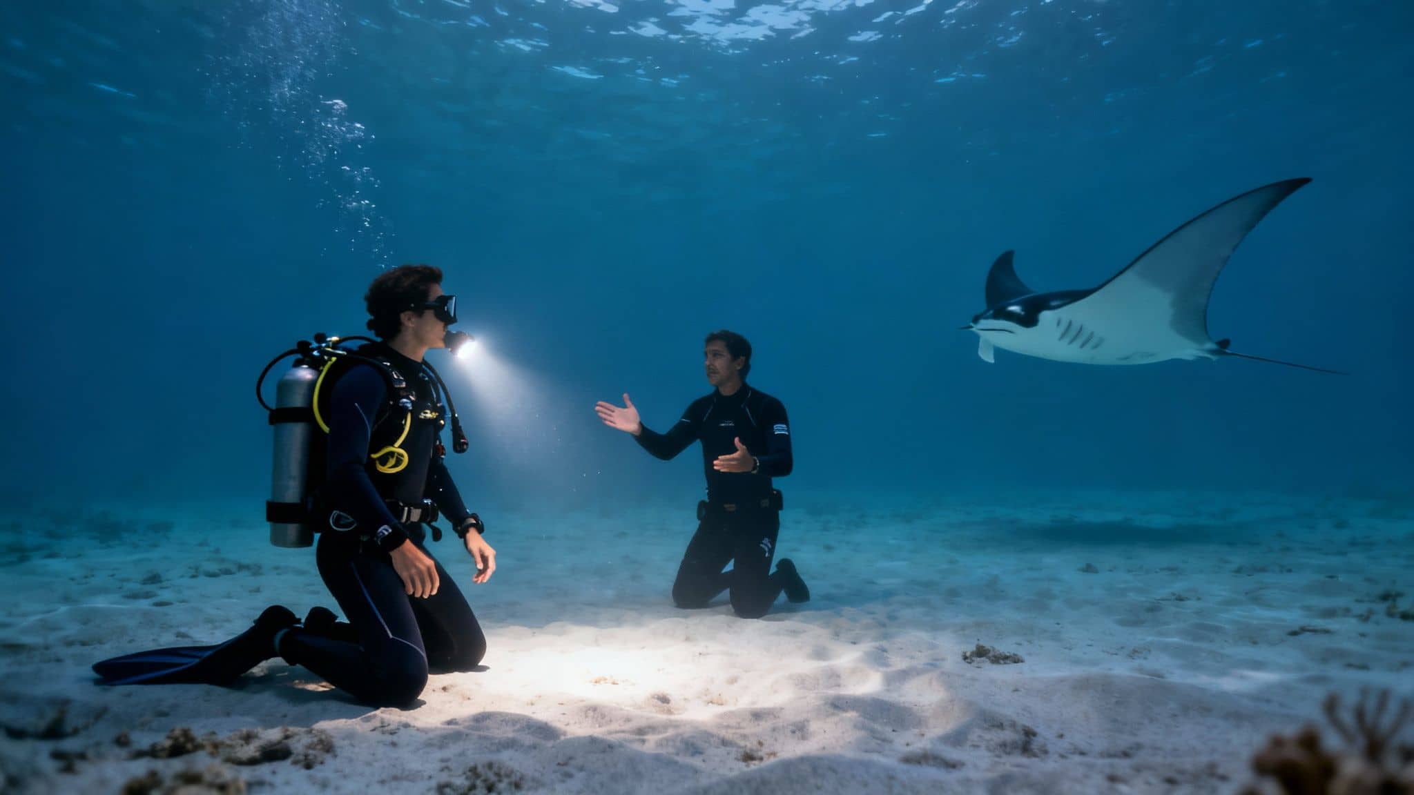 Two divers on a sandy ocean floor with a flashlight, observing a majestic manta ray swimming above.