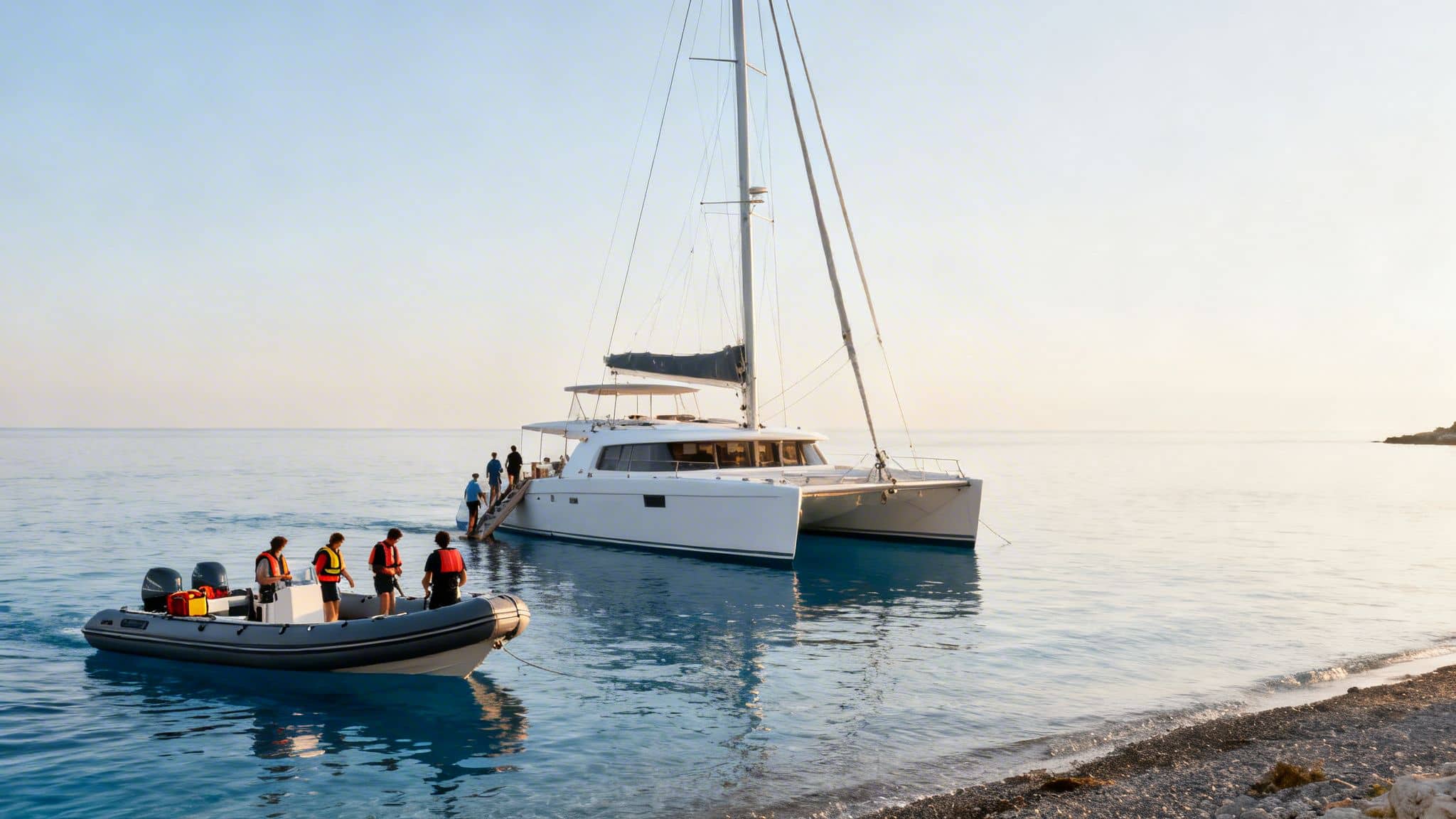 Tourists transfer from a small boat to a large catamaran for snorkeling at sunset.