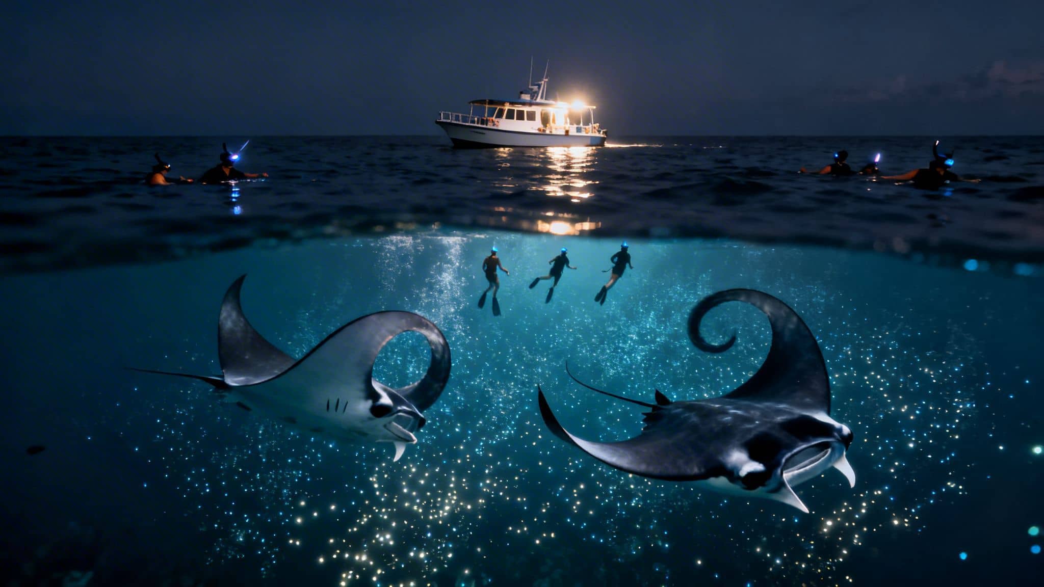 People snorkeling at night with giant manta rays amidst glowing plankton from a boat.