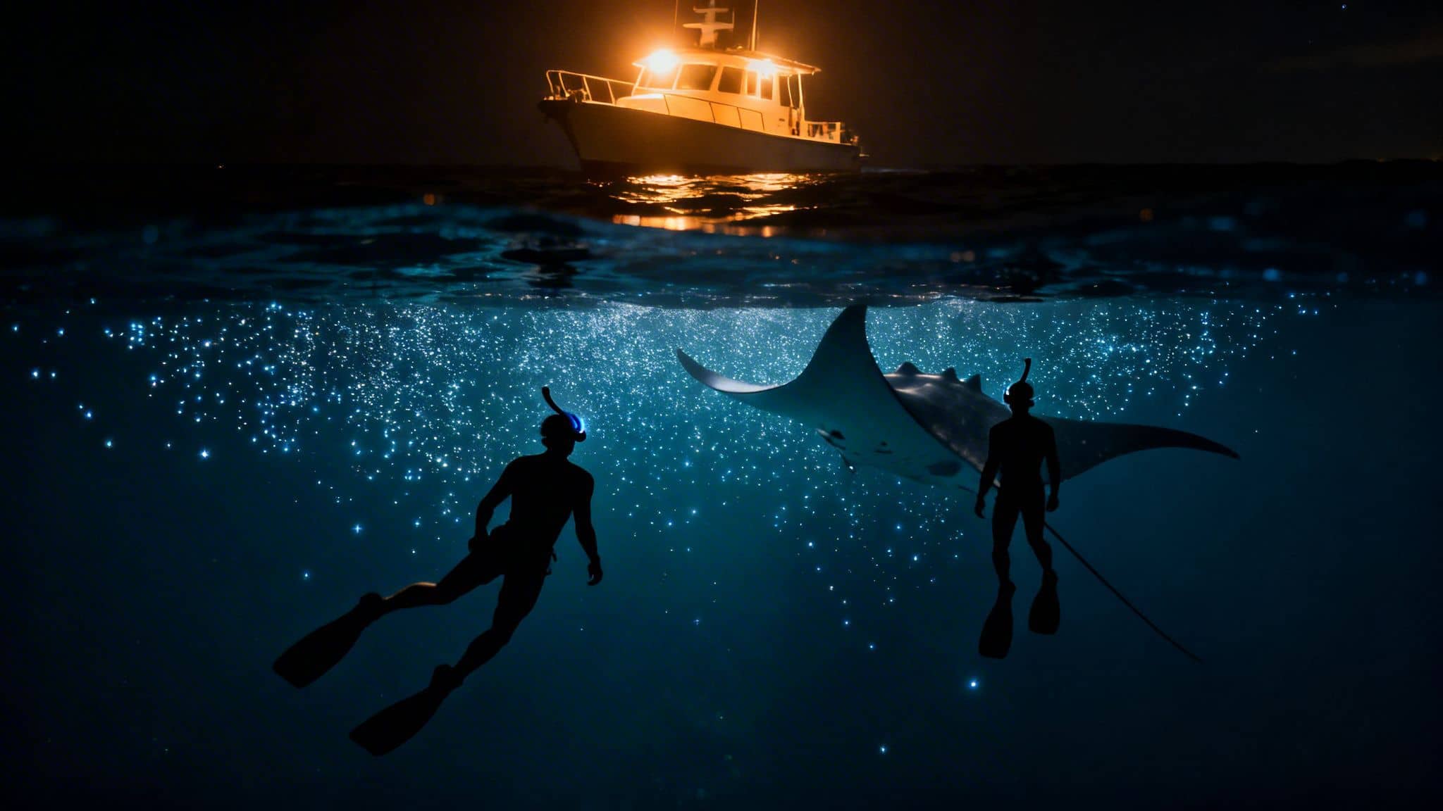 Two snorkelers swim with a majestic manta ray at night, illuminated by bioluminescence and a boat.