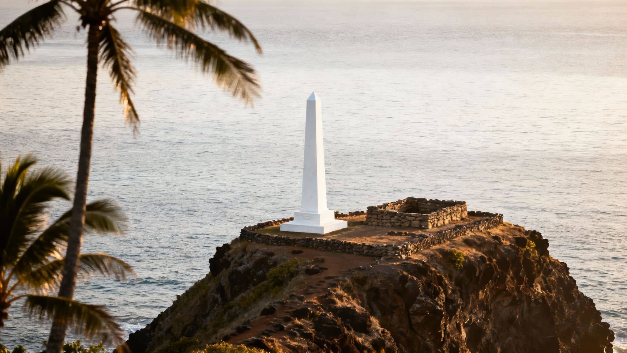 A tall white obelisk, the Captain Cook Monument, stands on a rocky cliff by the ocean.