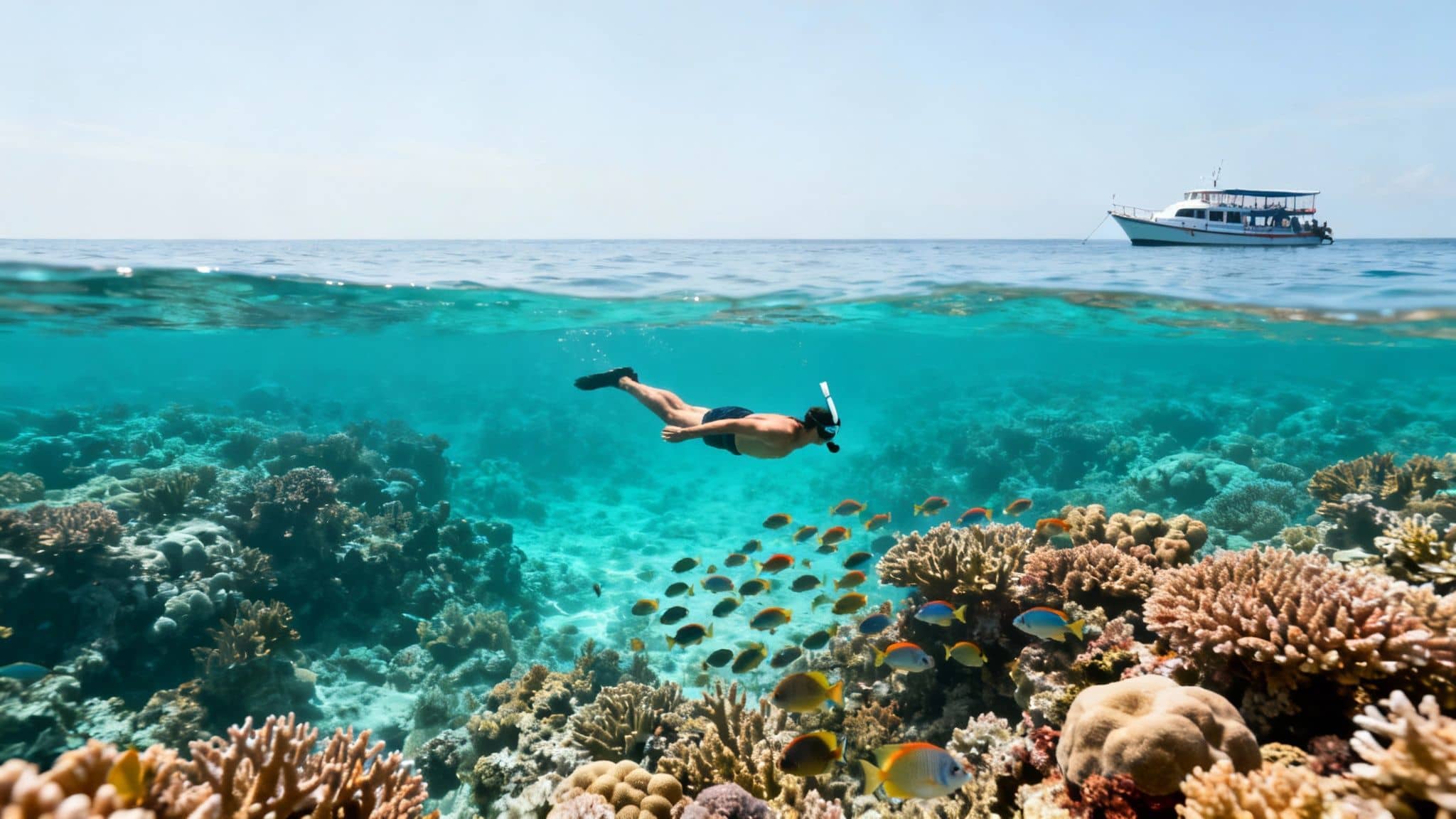 A man snorkeling underwater near a colorful coral reef with fish and a boat on the surface.