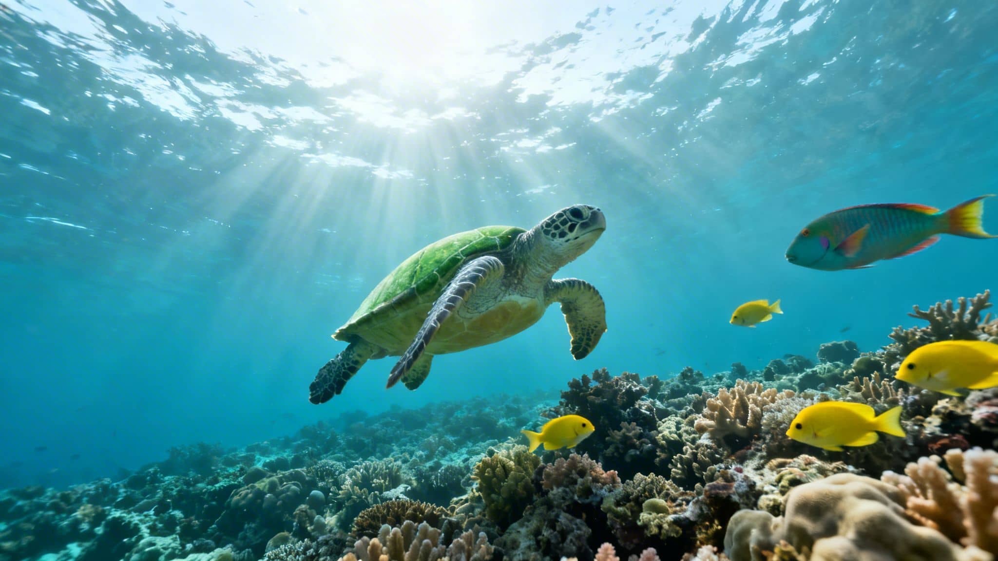 A green sea turtle swims gracefully over a vibrant coral reef with fish and sunlight.