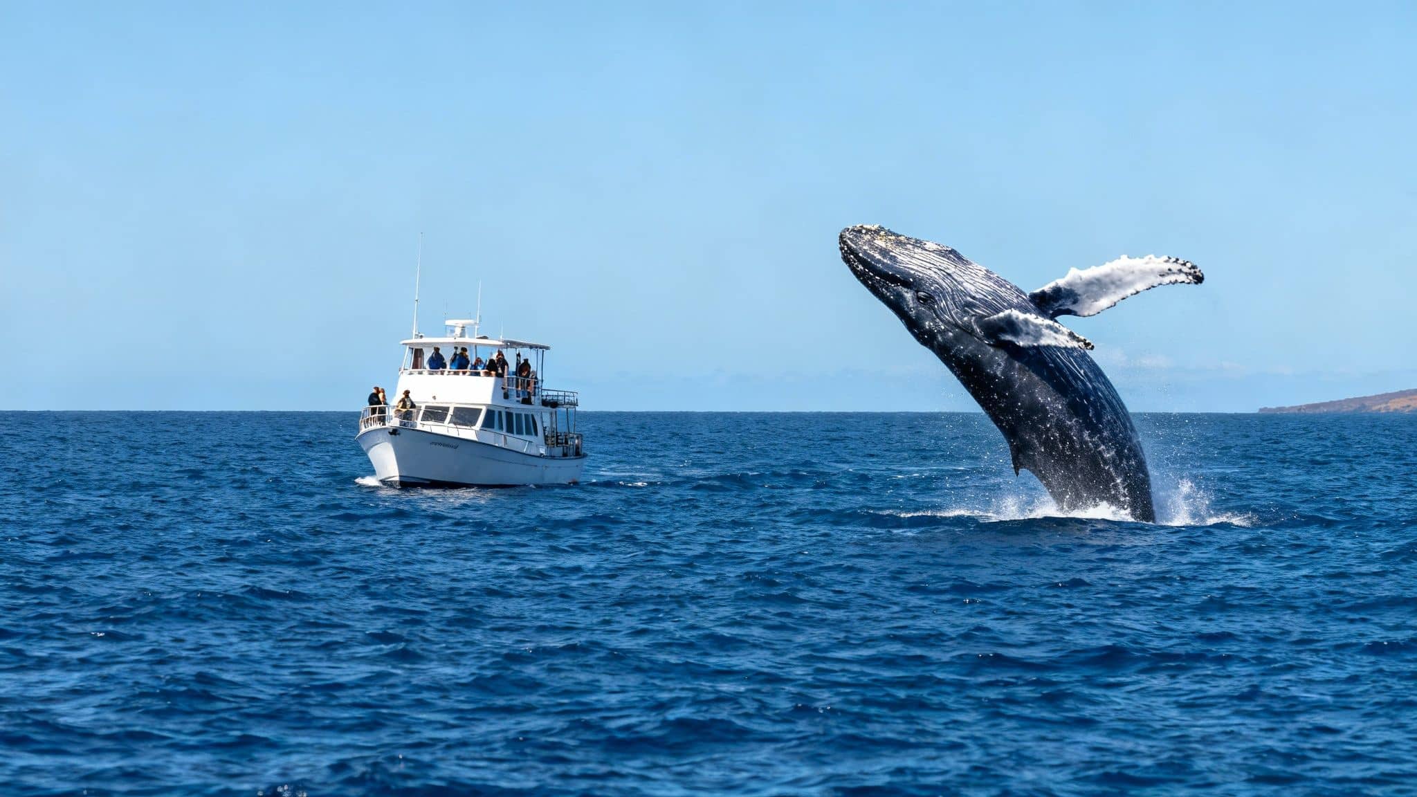 A majestic humpback whale breaches high out of the deep blue ocean near a whale watching tour boat.