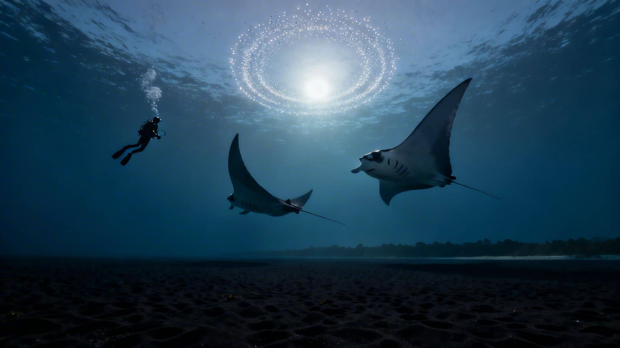 An underwater diver observes two manta rays swimming towards a sparkling bubble ring.