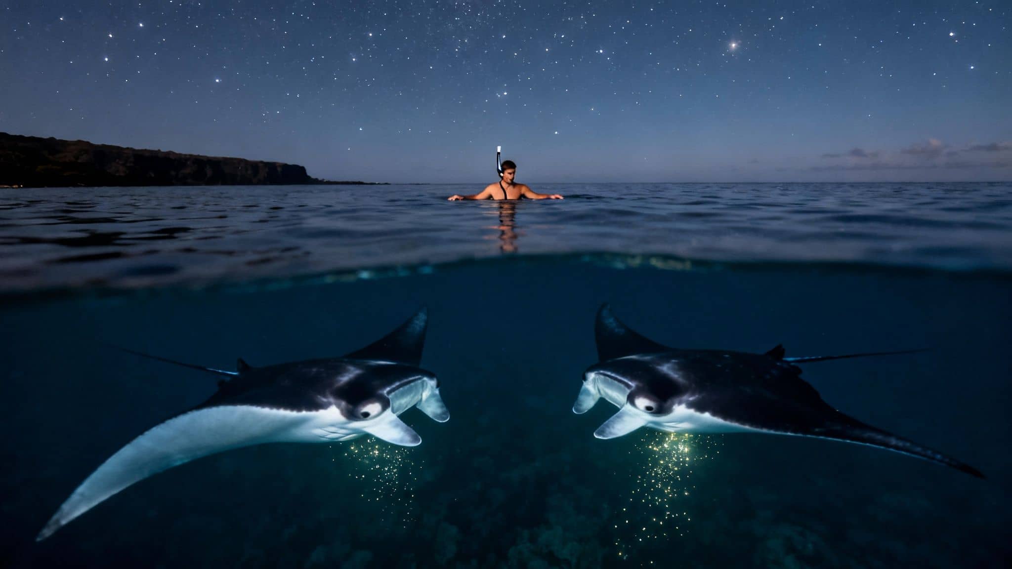 Split image of a person snorkeling at night under a starry sky with two glowing manta rays below.