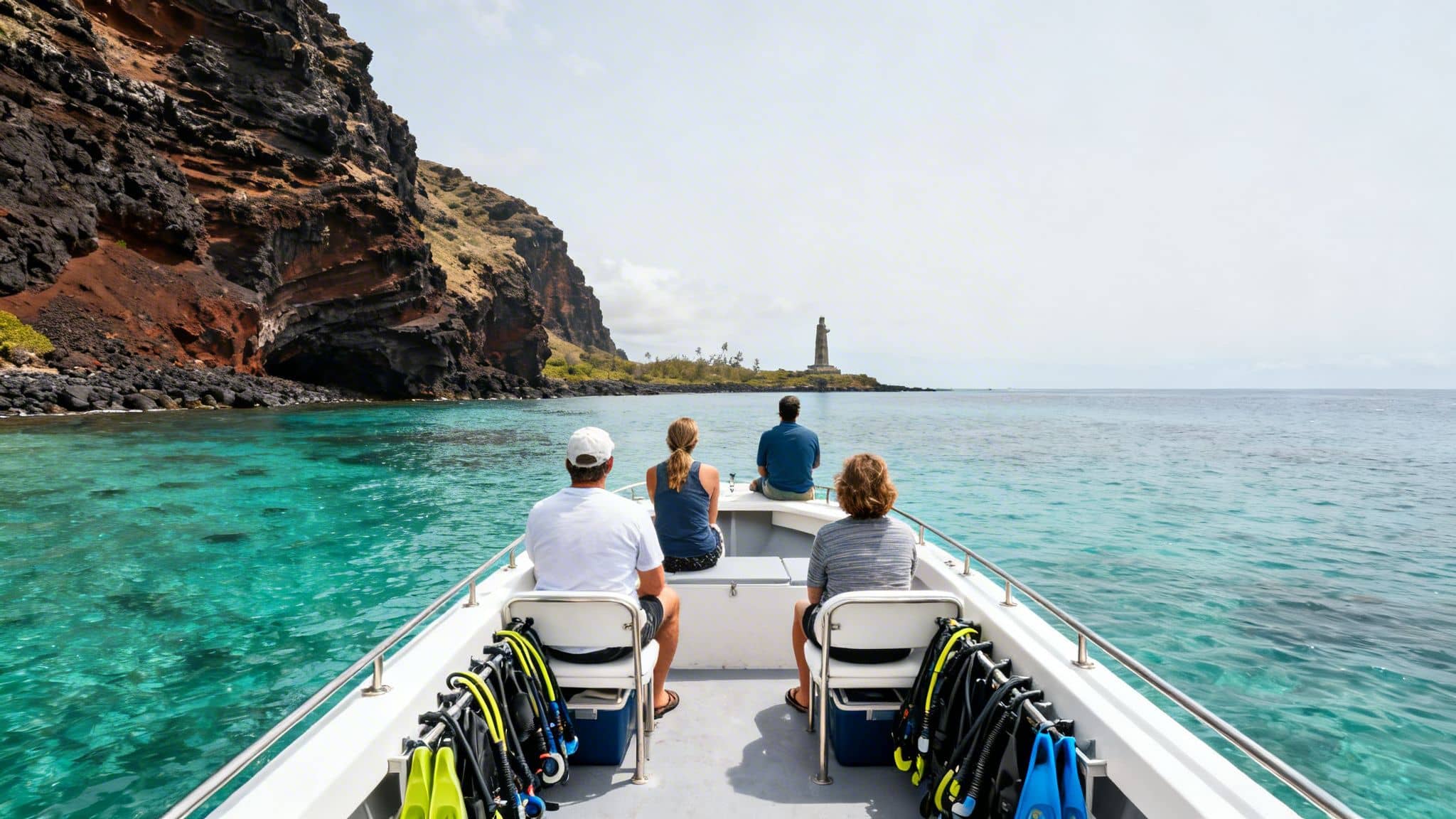 Four people on a dive boat in clear turquoise water near a rocky coast with a lighthouse.