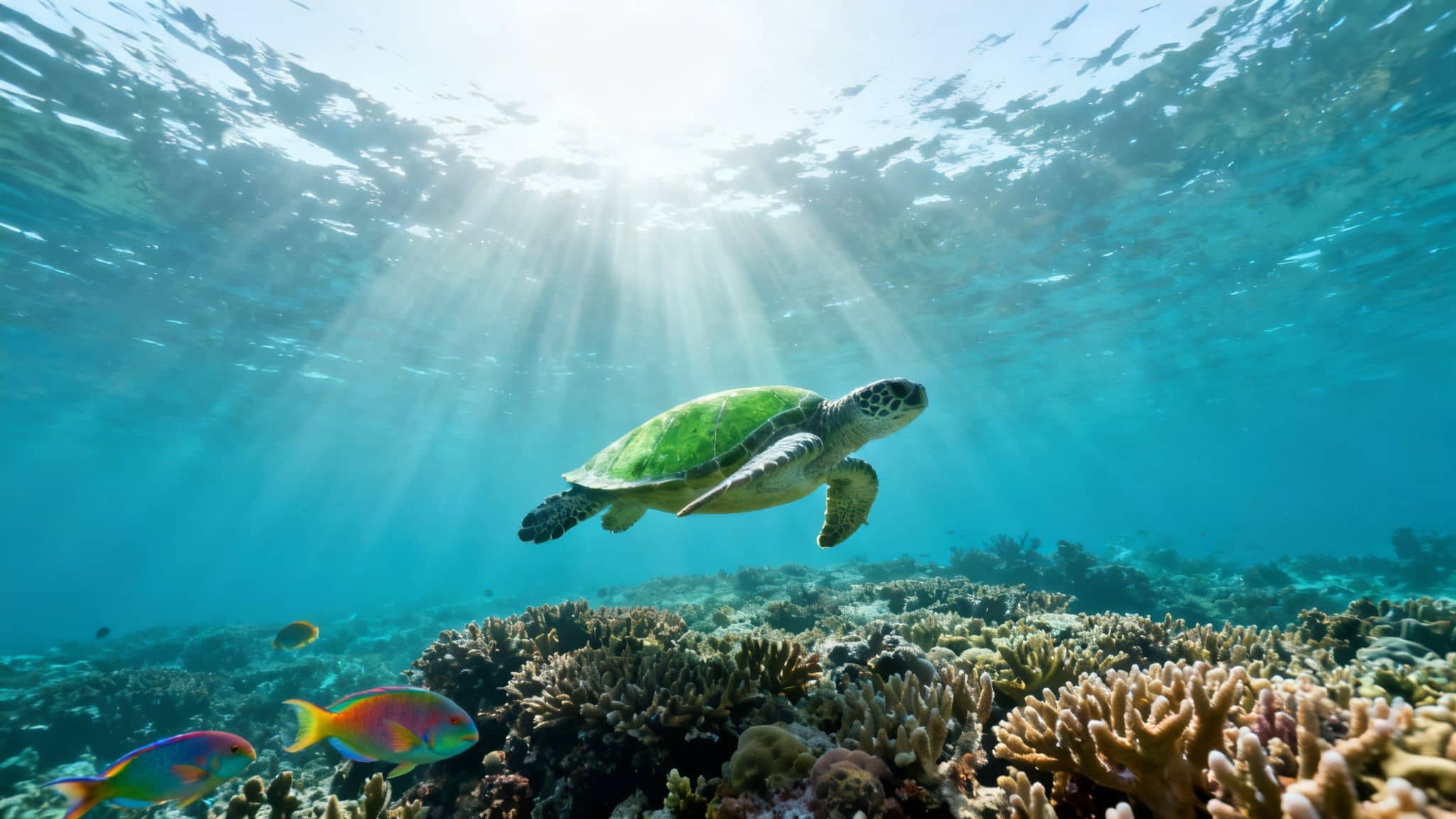 A green sea turtle swims above a vibrant coral reef with colorful fish and sun rays.