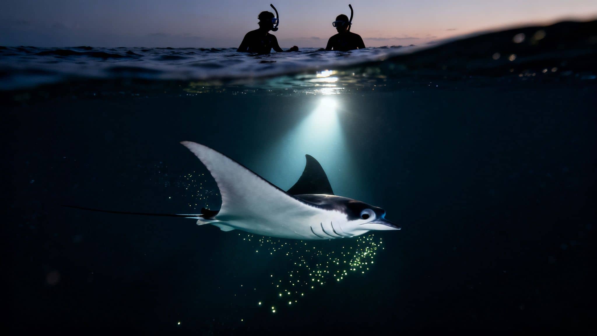 Two snorkelers at twilight observe a bioluminescent manta ray swimming underwater with glowing plankton.