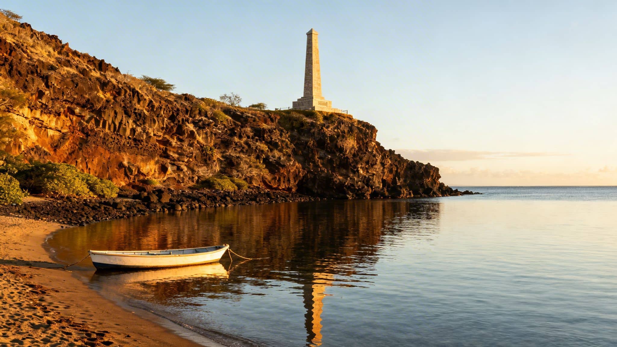 A white boat rests on a sandy beach with a monument atop a rocky cliff at sunset.