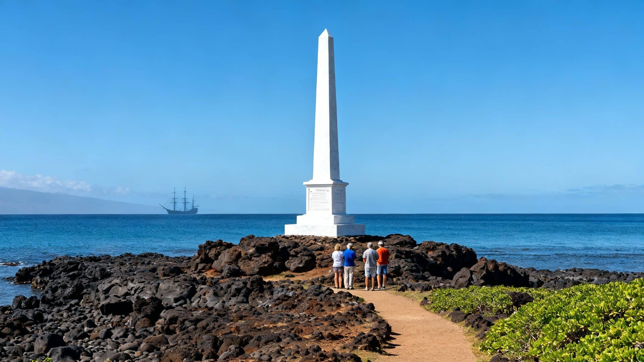 Four people stand near a white obelisk monument on a rocky coast, admiring a tall ship on the blue ocean.