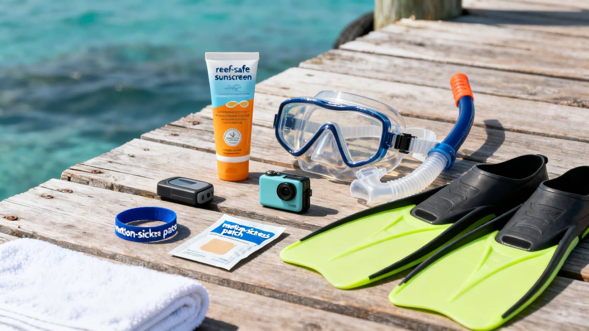 Snorkeling gear, reef-safe sunscreen, and beach essentials laid out on a wooden pier by the ocean.