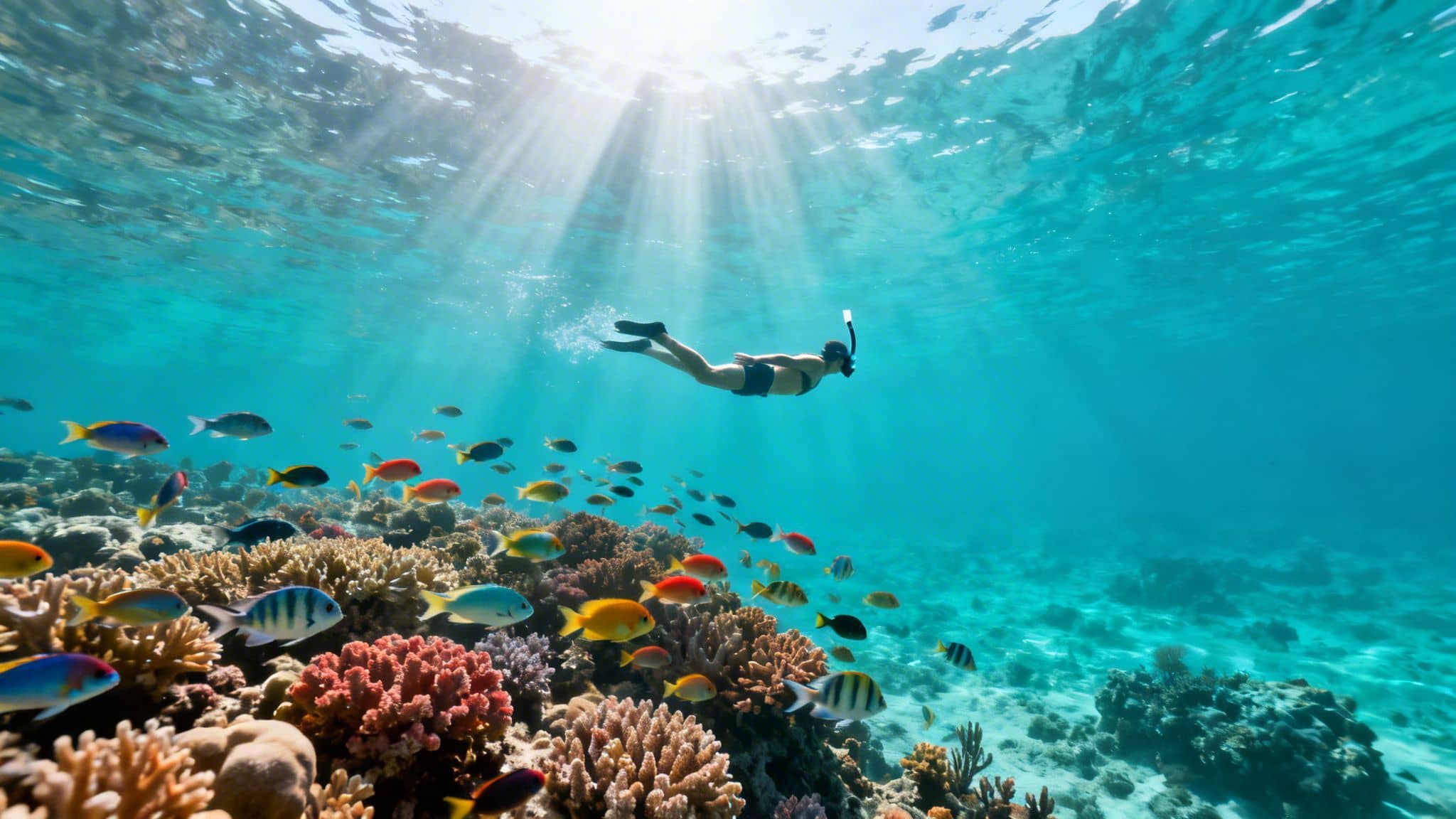 Snorkeler swims over a beautiful coral reef teeming with colorful fish in clear blue water.