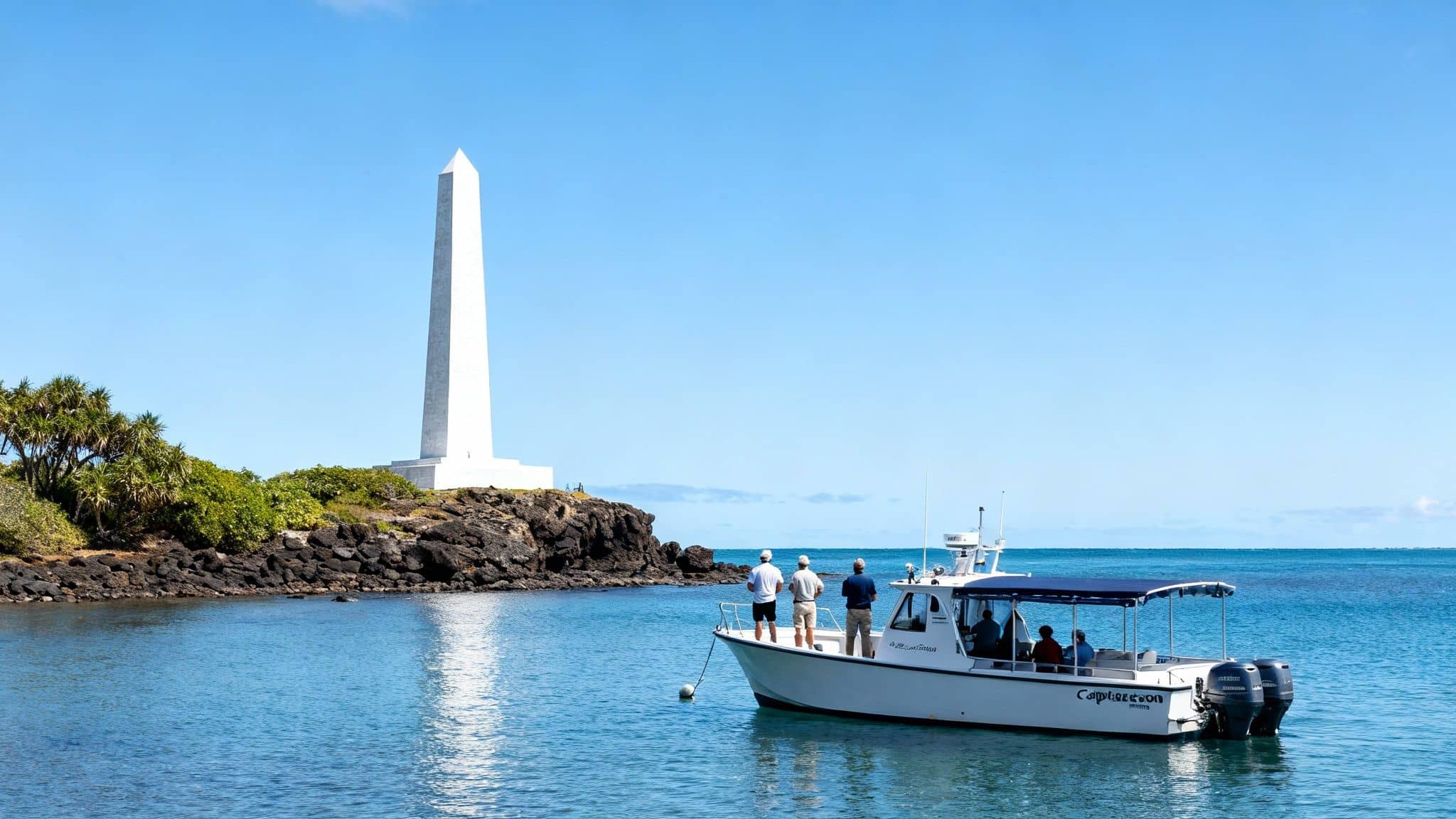 A boat with people in clear blue water near a rocky island with a tall white monument.