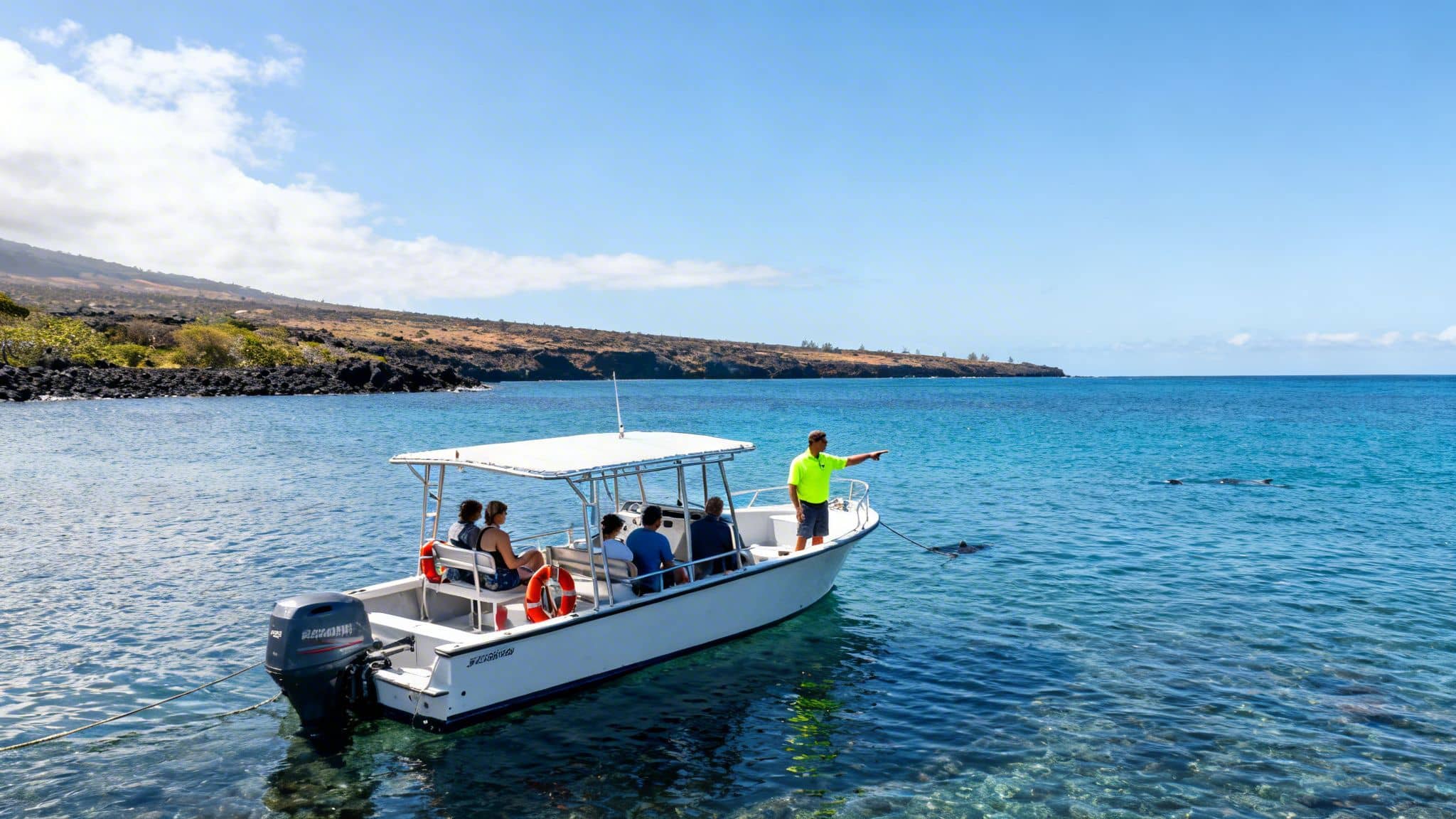 A boat with tourists on clear blue water, watching dolphins near a rocky coastline.