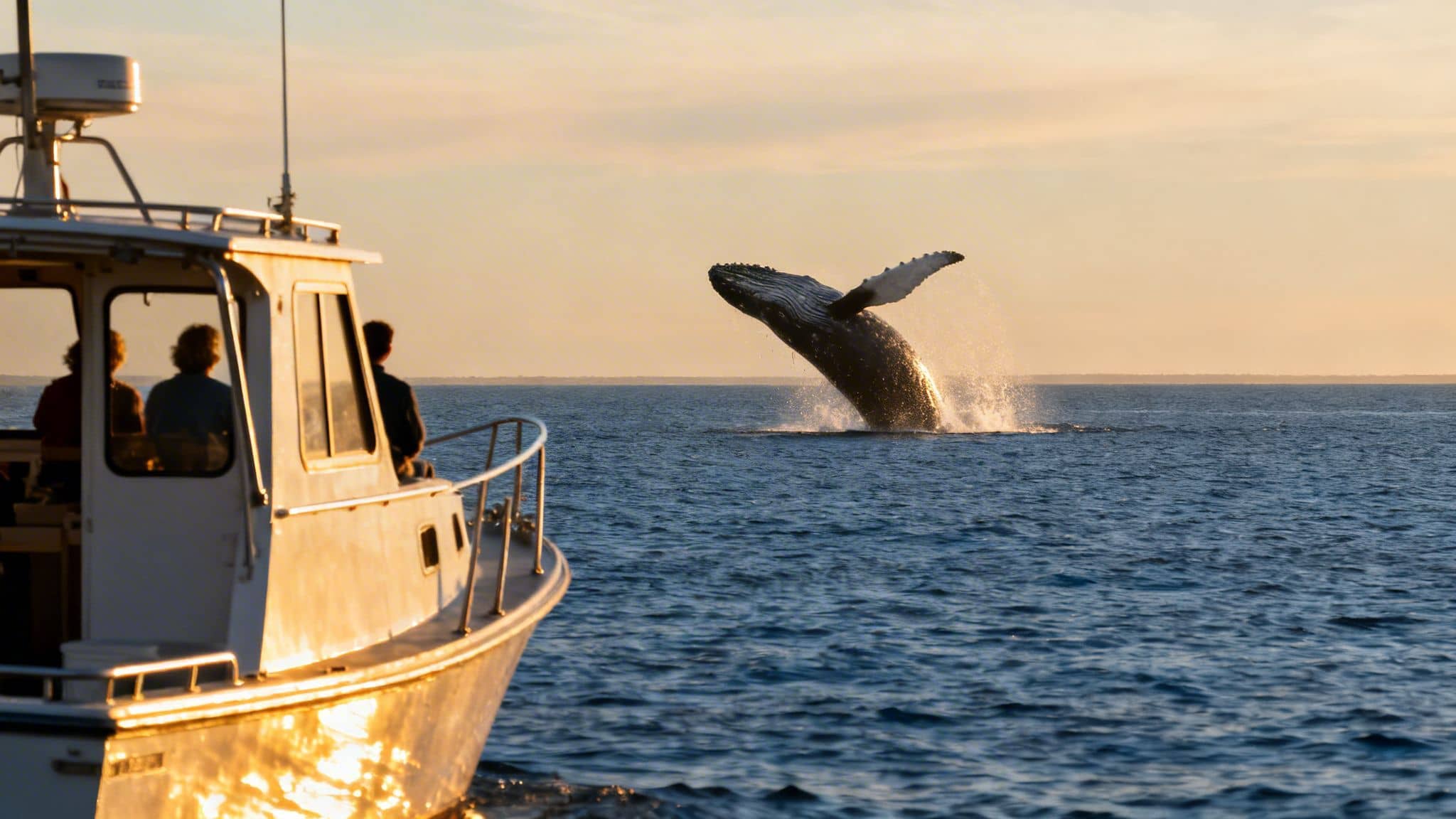 A humpback whale breaches majestically out of the ocean next to a boat at sunset.