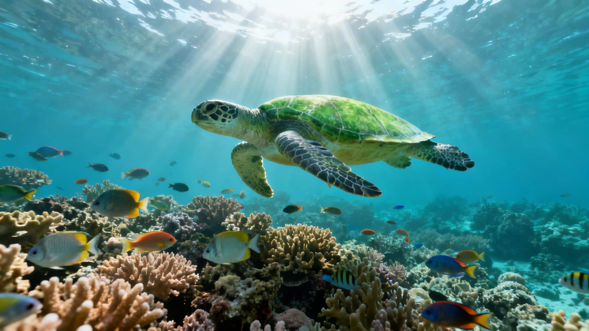 A vibrant underwater scene with a green sea turtle swimming gracefully above a colorful coral reef.