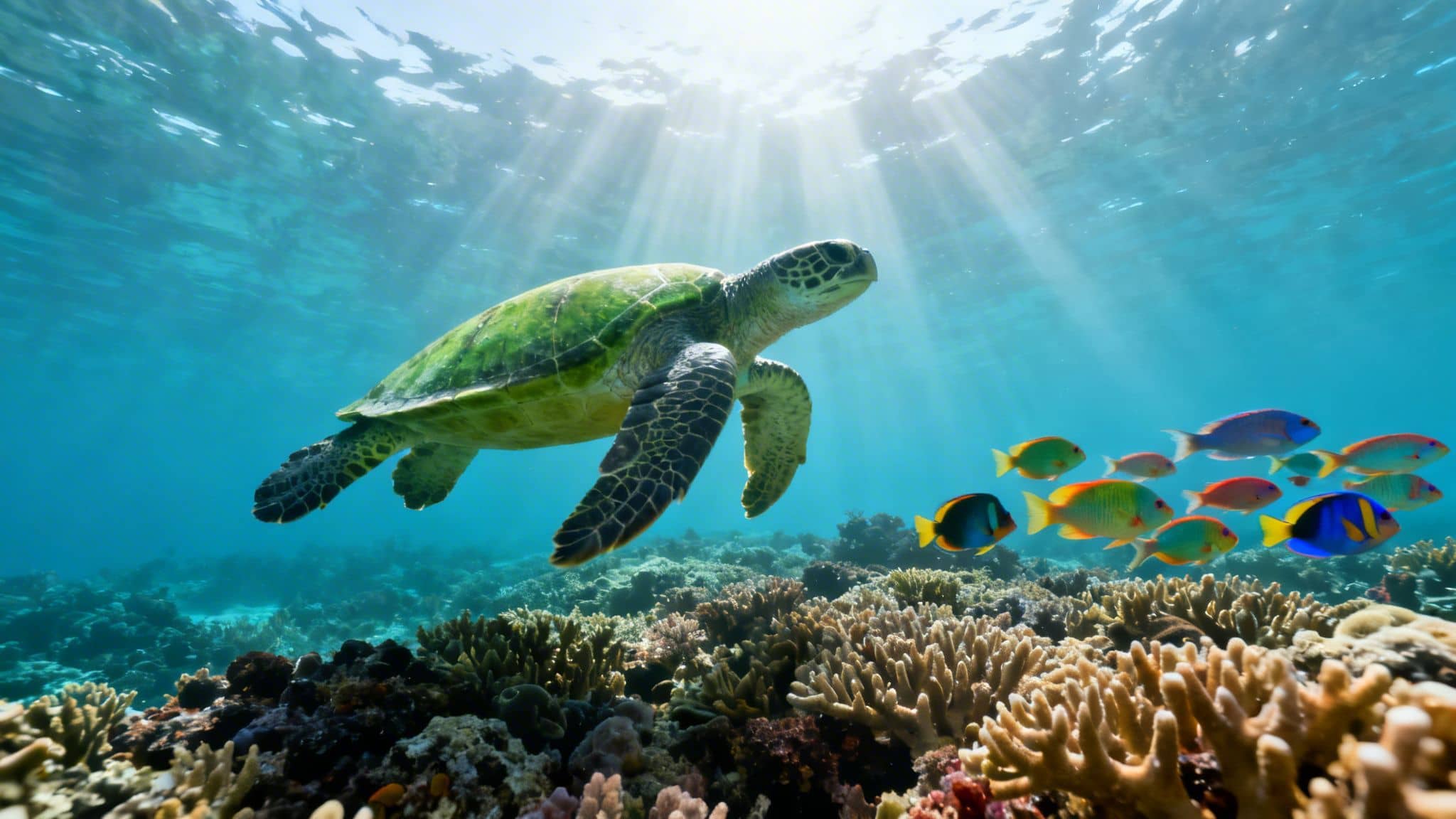 A majestic green sea turtle swims above a vibrant coral reef with a school of colorful fish.