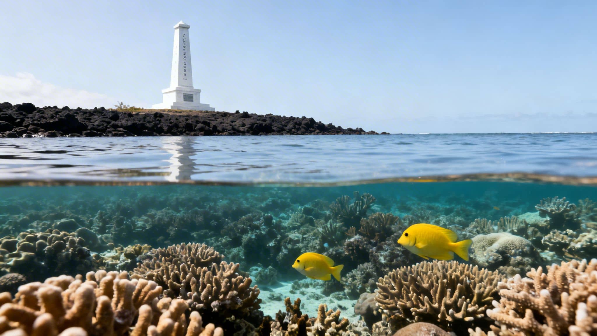 Split image showing a vibrant coral reef with two yellow fish underwater, and a white lighthouse on a rocky shore above, under a clear blue sky.
