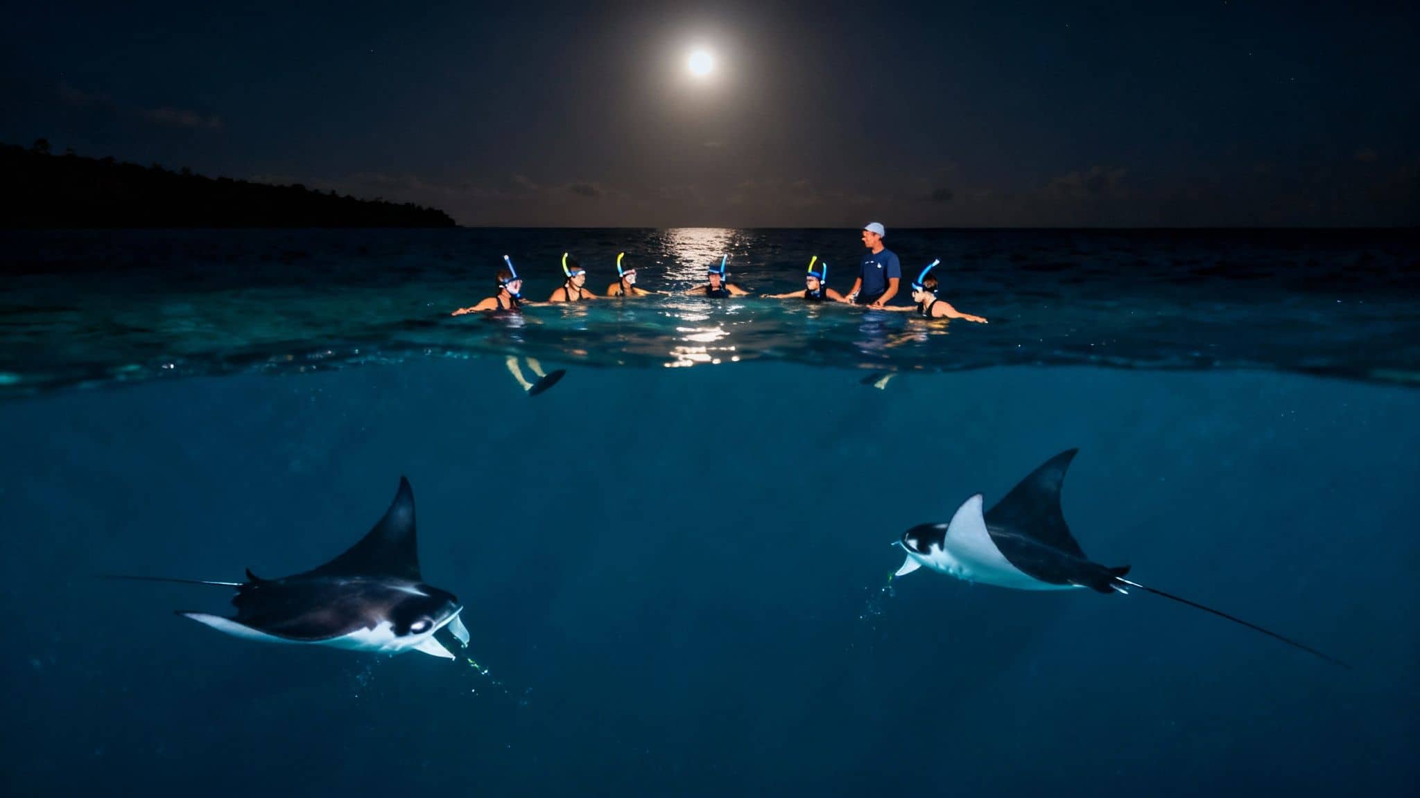 A split image showing snorkelers under a full moon above water and two manta rays swimming below at night.