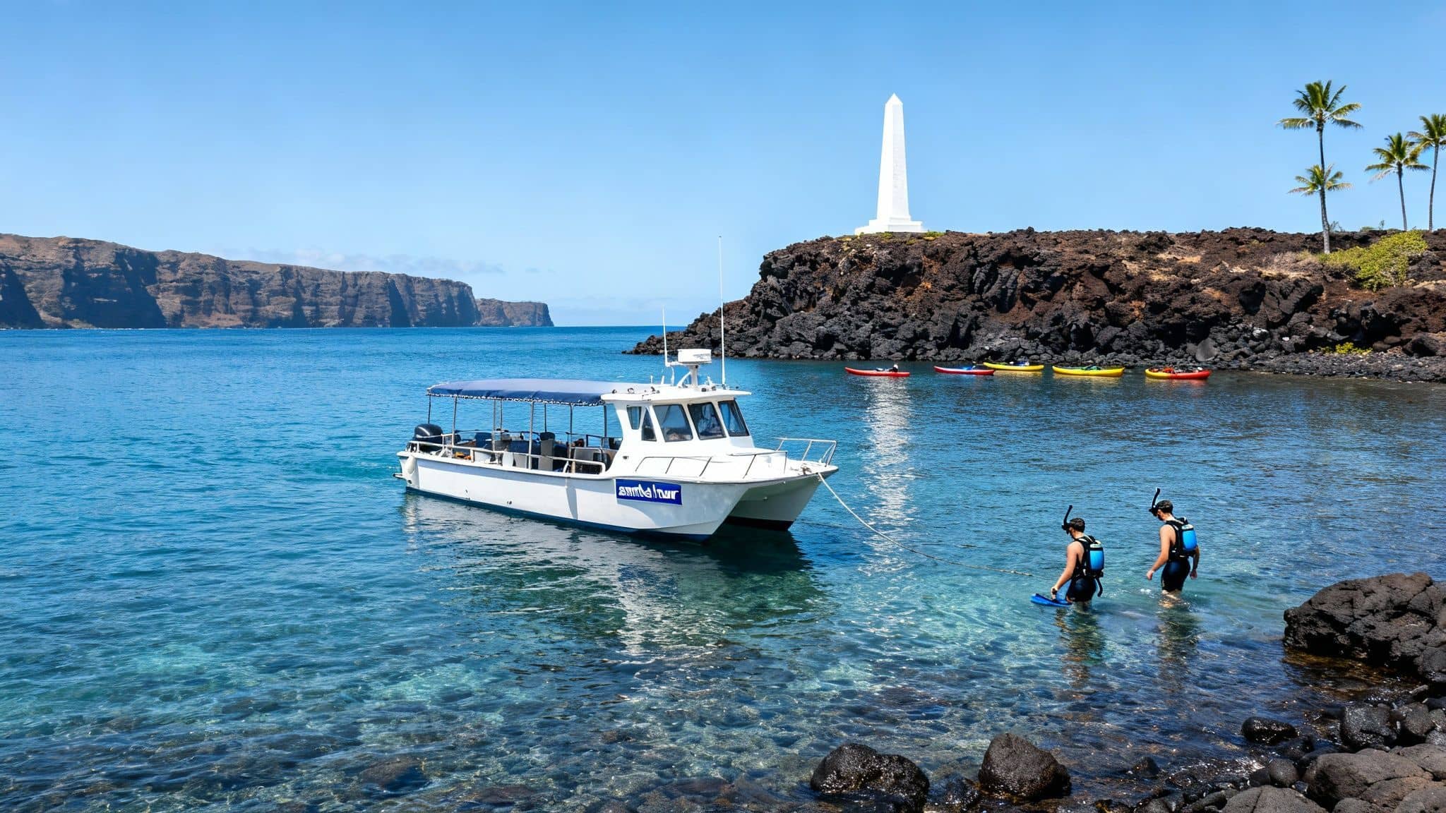 A tour boat, snorkelers, and kayaks near the Captain Cook Monument in Hawaii's clear waters.