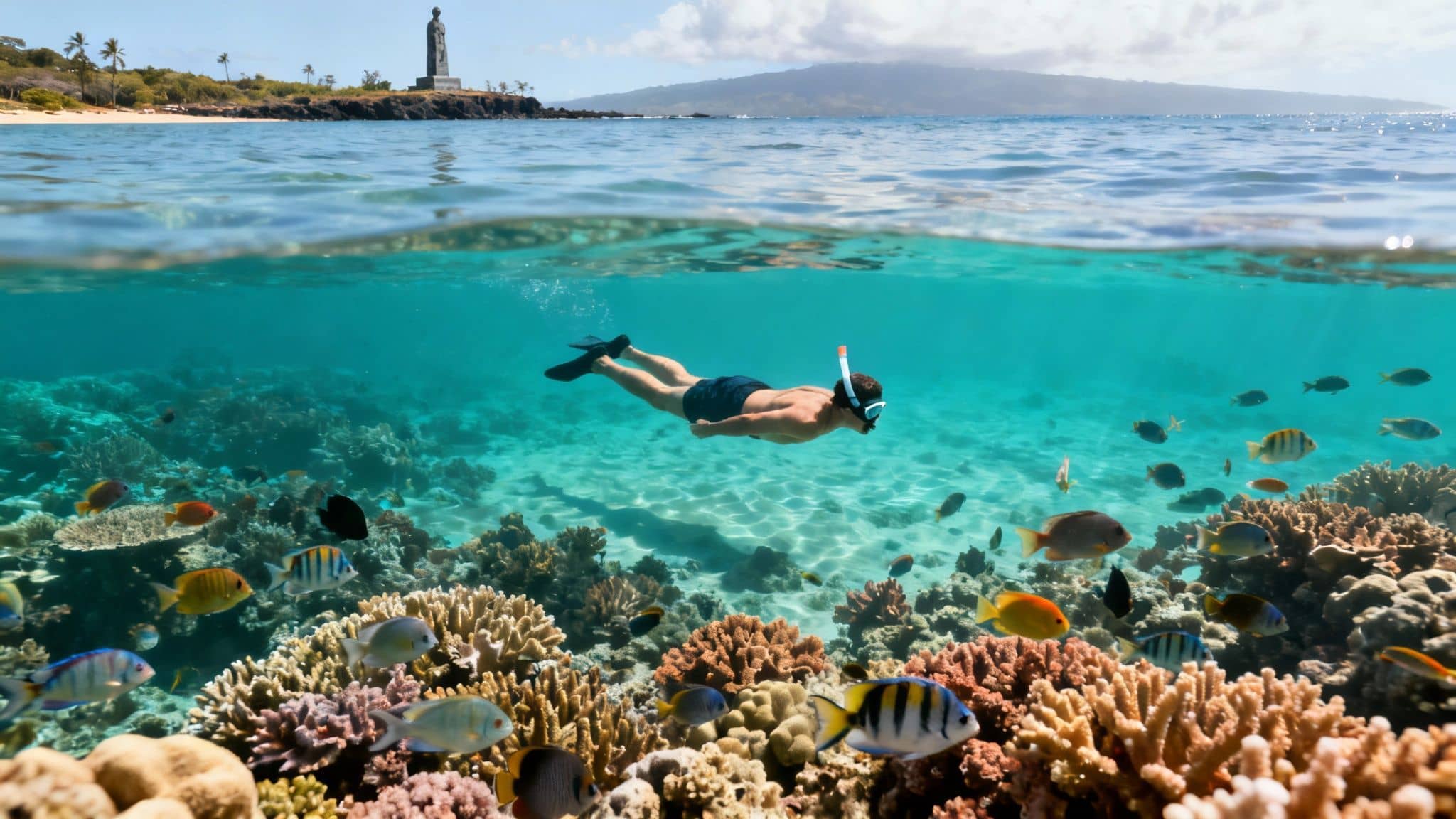A man snorkeling over a vibrant coral reef with many colorful fish, split view above and below water.