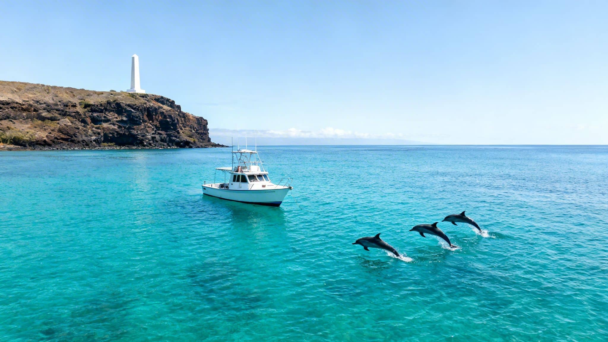 A boat, a monument on a cliff, and three dolphins jumping in clear blue water.