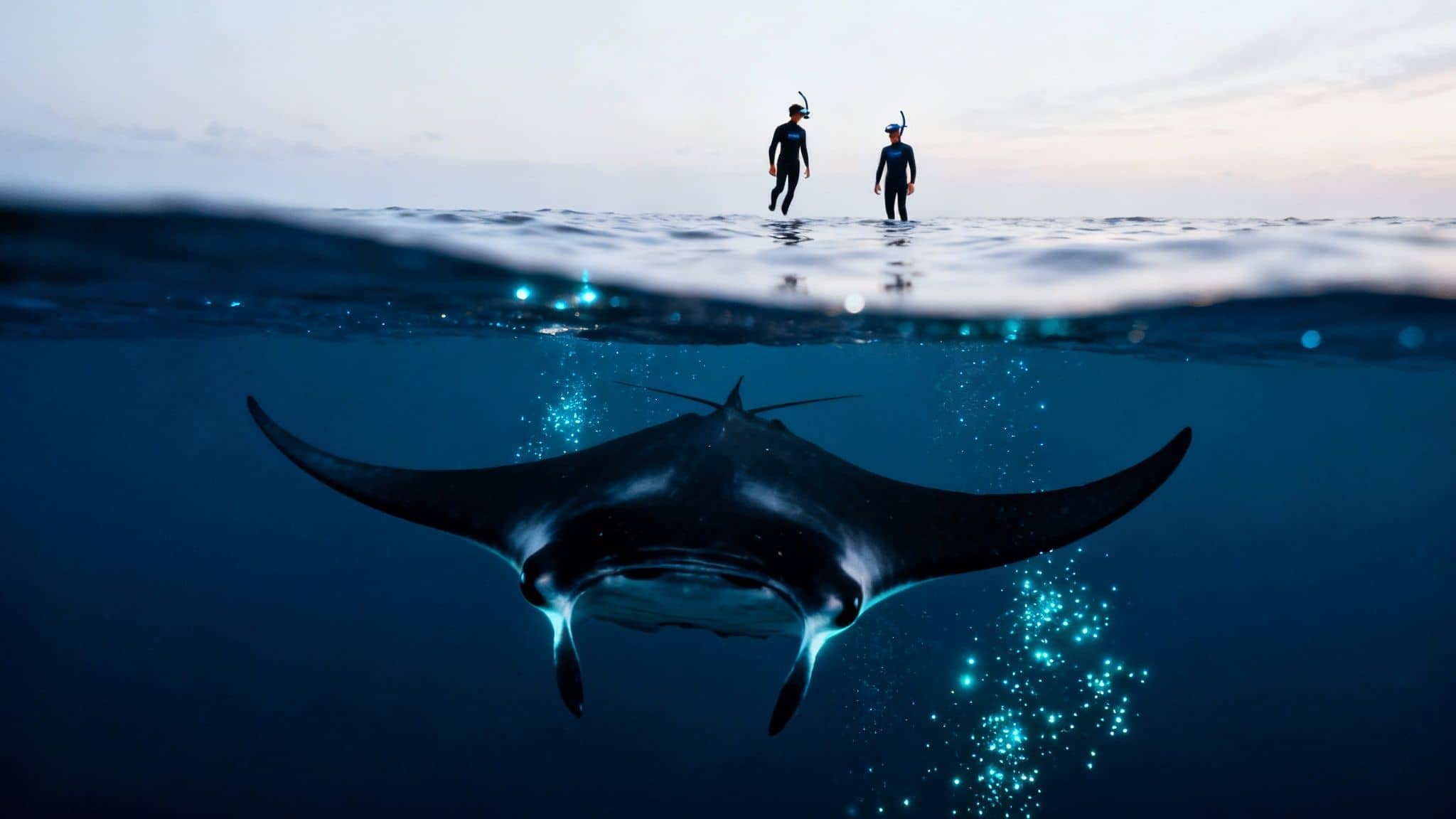 Manta ray swimming gracefully at night in Hawaii.