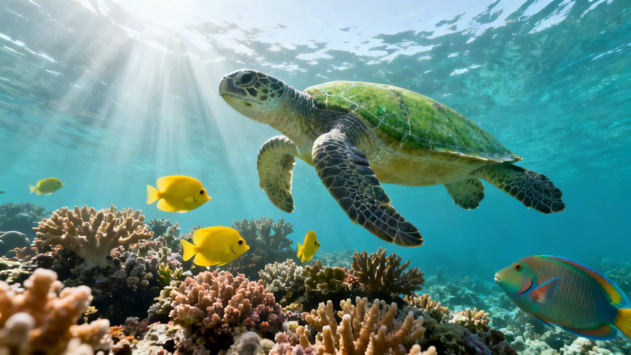 A majestic green sea turtle swims above a vibrant coral reef, surrounded by colorful fish and sunbeams.