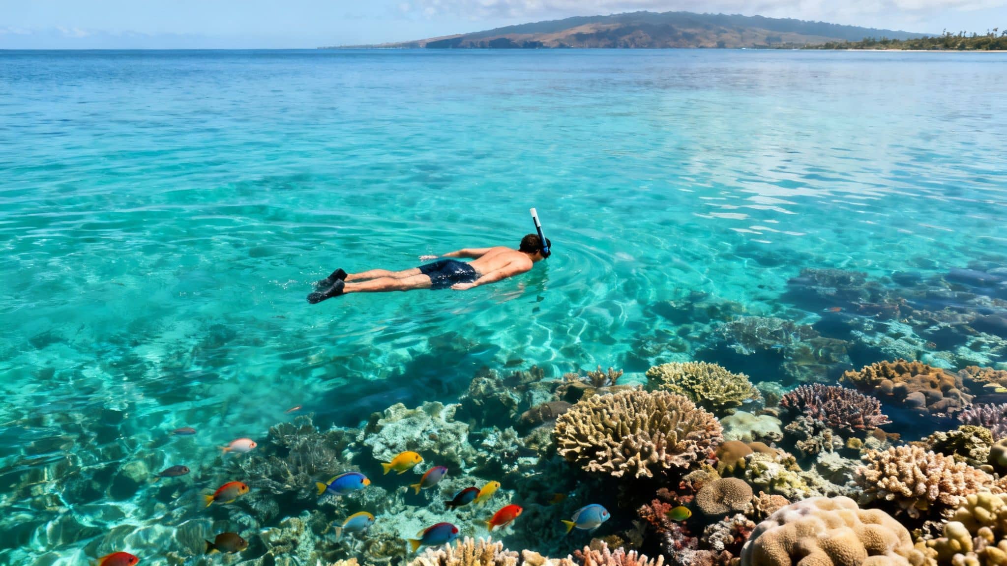 Man snorkeling in clear blue water over a vibrant coral reef filled with colorful tropical fish.