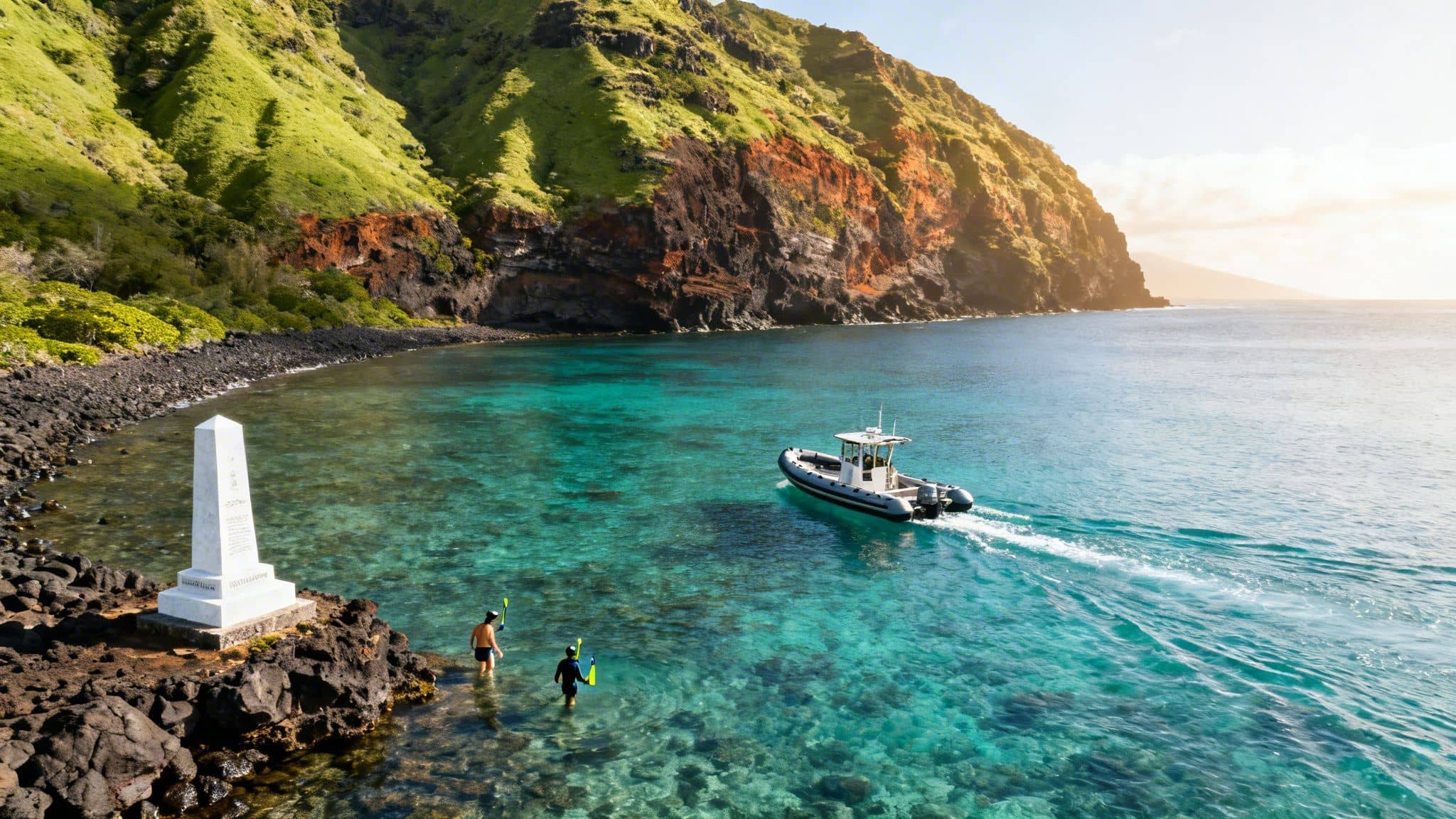 Aerial view of a scenic Hawaiian cove with a white monument, snorkelers, and a boat.