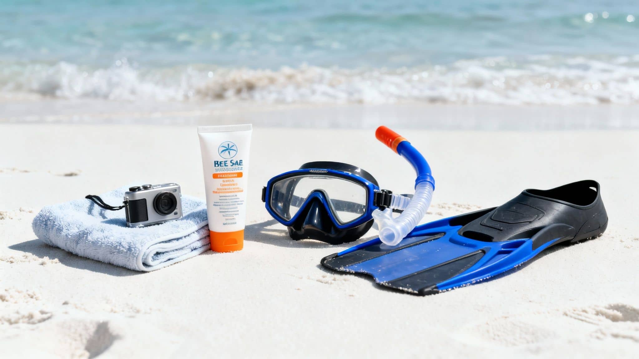 Snorkeling mask, fins, snorkel, sunscreen, camera, and towel on a white sandy beach by the ocean.