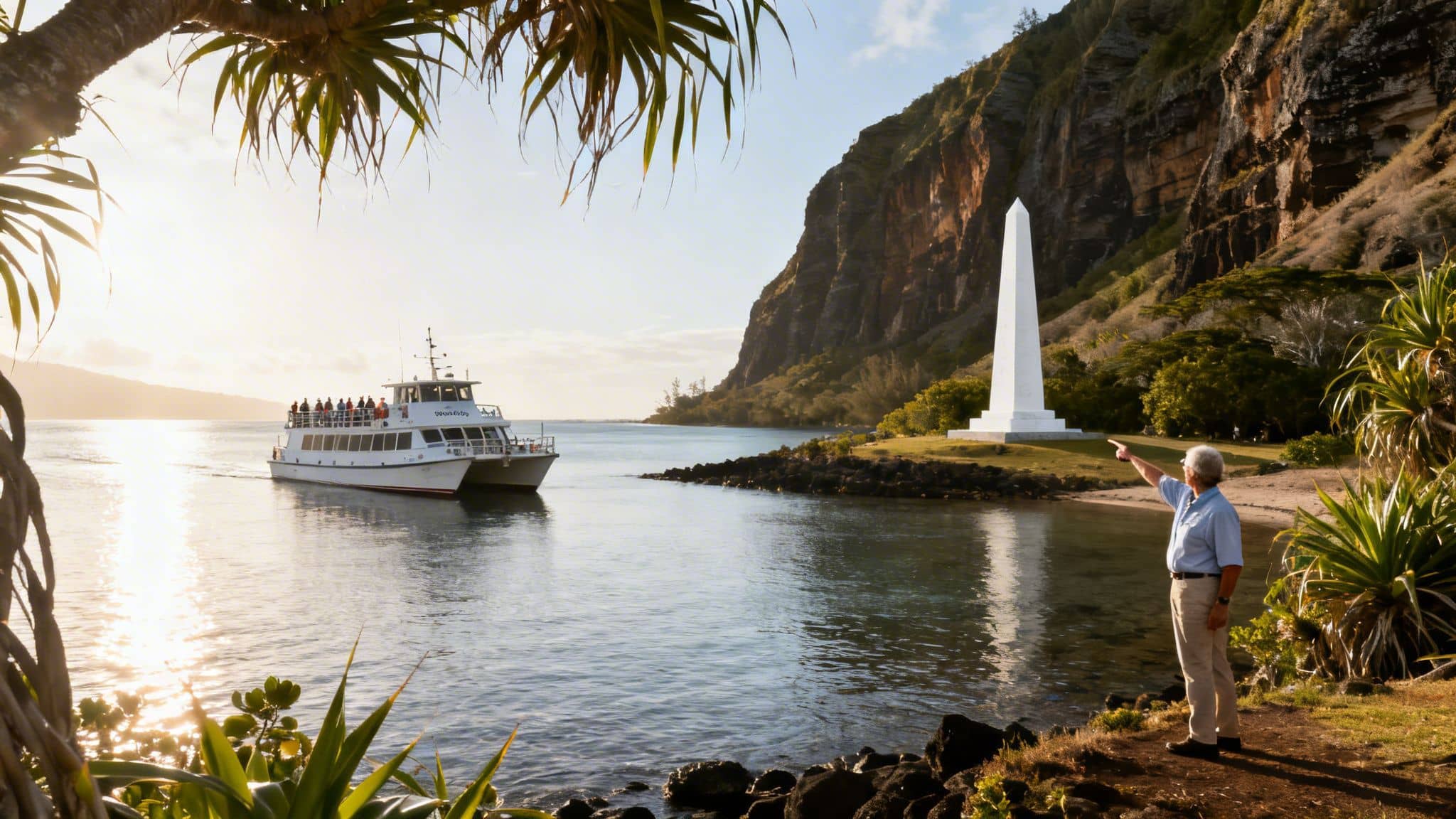Tropical bay scene with a tour boat, white monument, and a man pointing at a cliff.