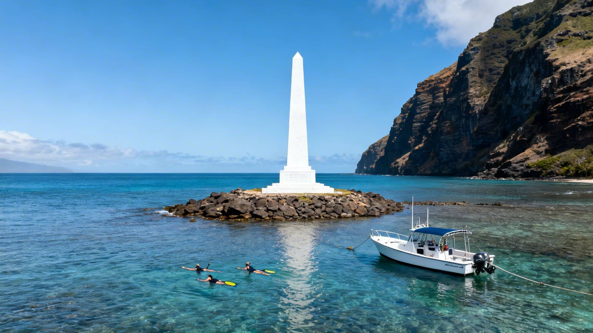 Snorkelers and a boat in clear blue water near a white obelisk and steep cliffs.