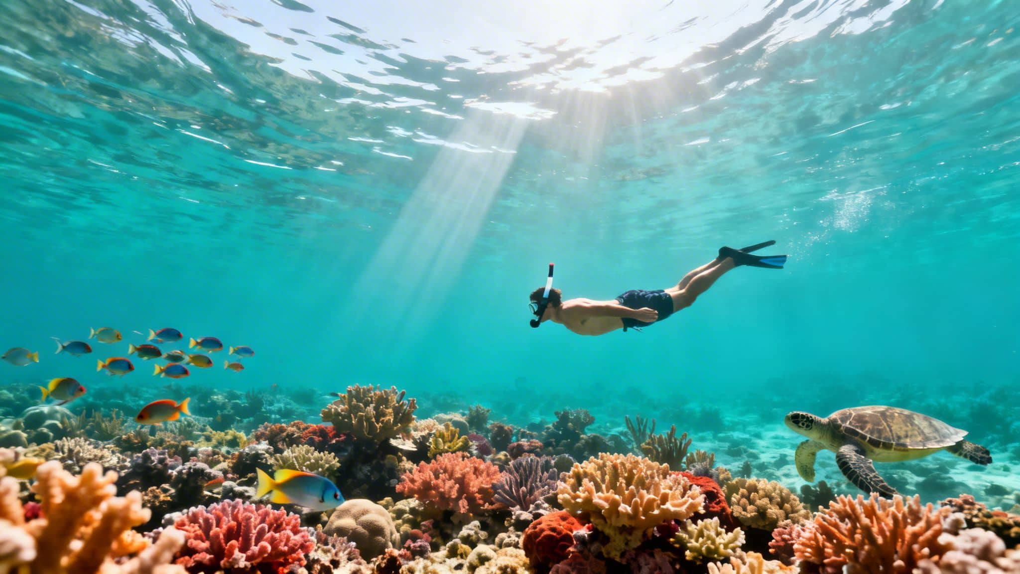 A person snorkeling over a vibrant coral reef, observing fish and a sea turtle in clear blue water.