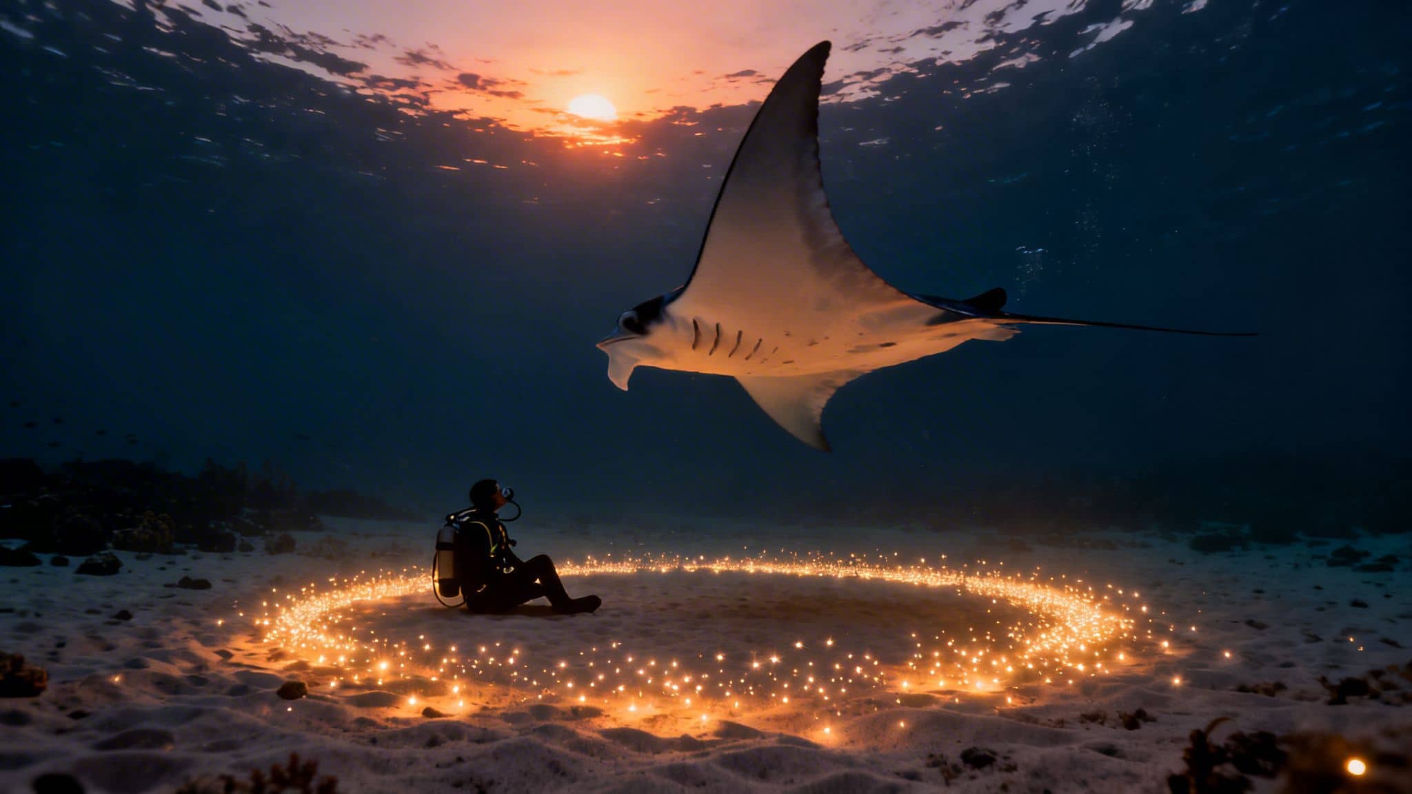 A diver sits on the sparkling ocean floor, watching a majestic manta ray at sunset.