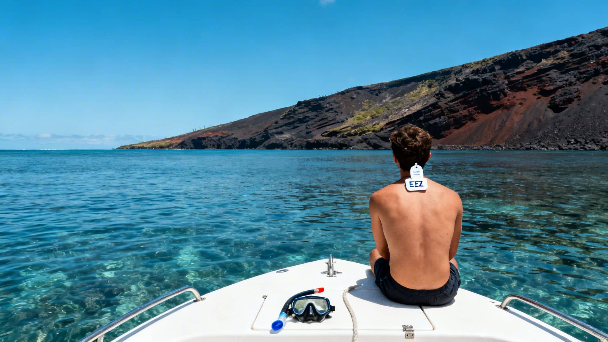 Man on boat with EEZ patch looks at clear blue sea and volcanic island, snorkeling gear ready.