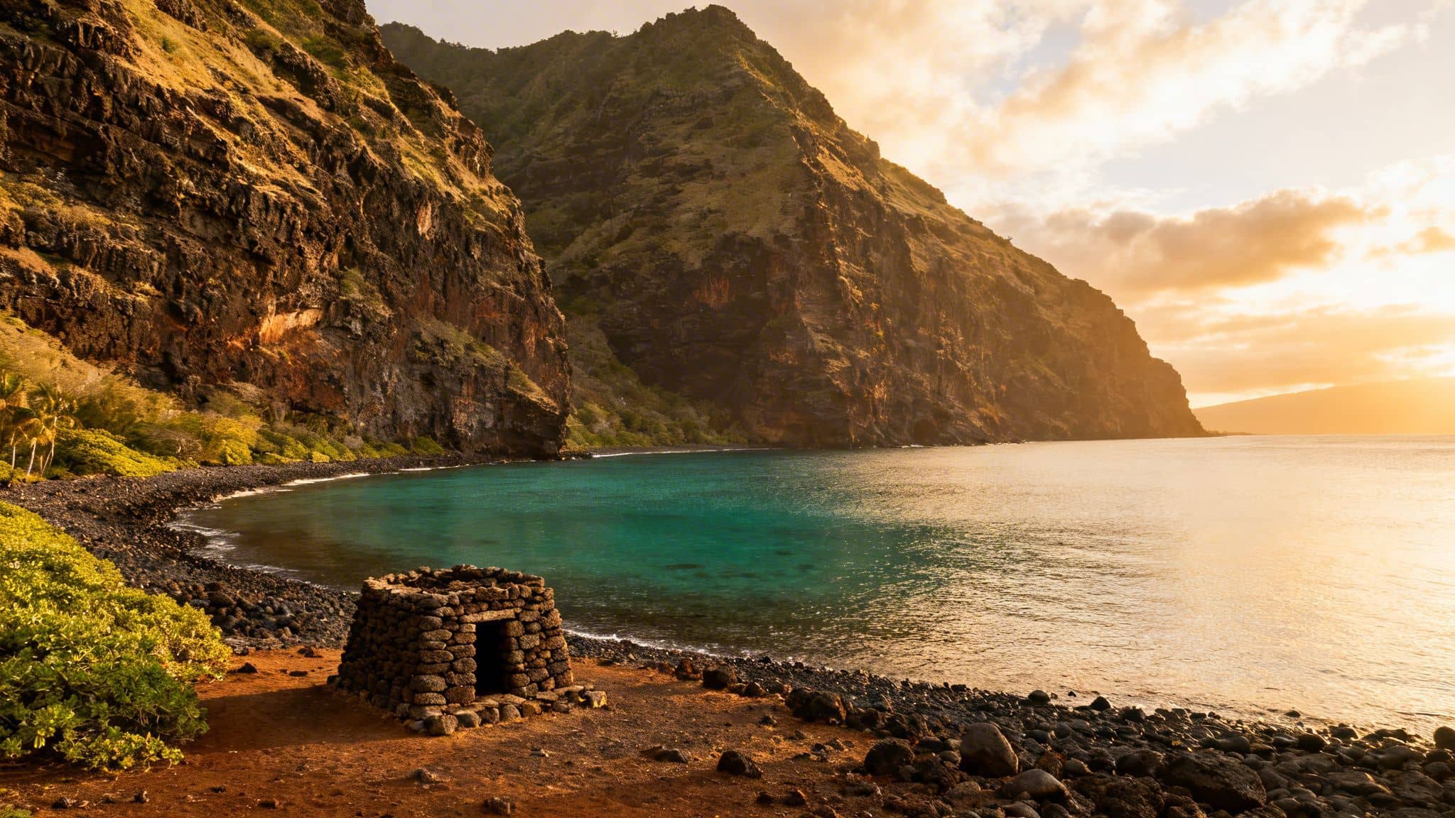 Golden hour over a rocky Hawaiian beach with turquoise water, towering cliffs, and an ancient stone structure.