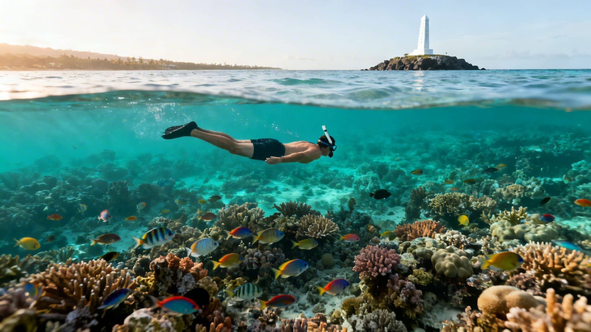 A snorkeler swims over a vibrant coral reef filled with colorful fish, a lighthouse on an island in background.